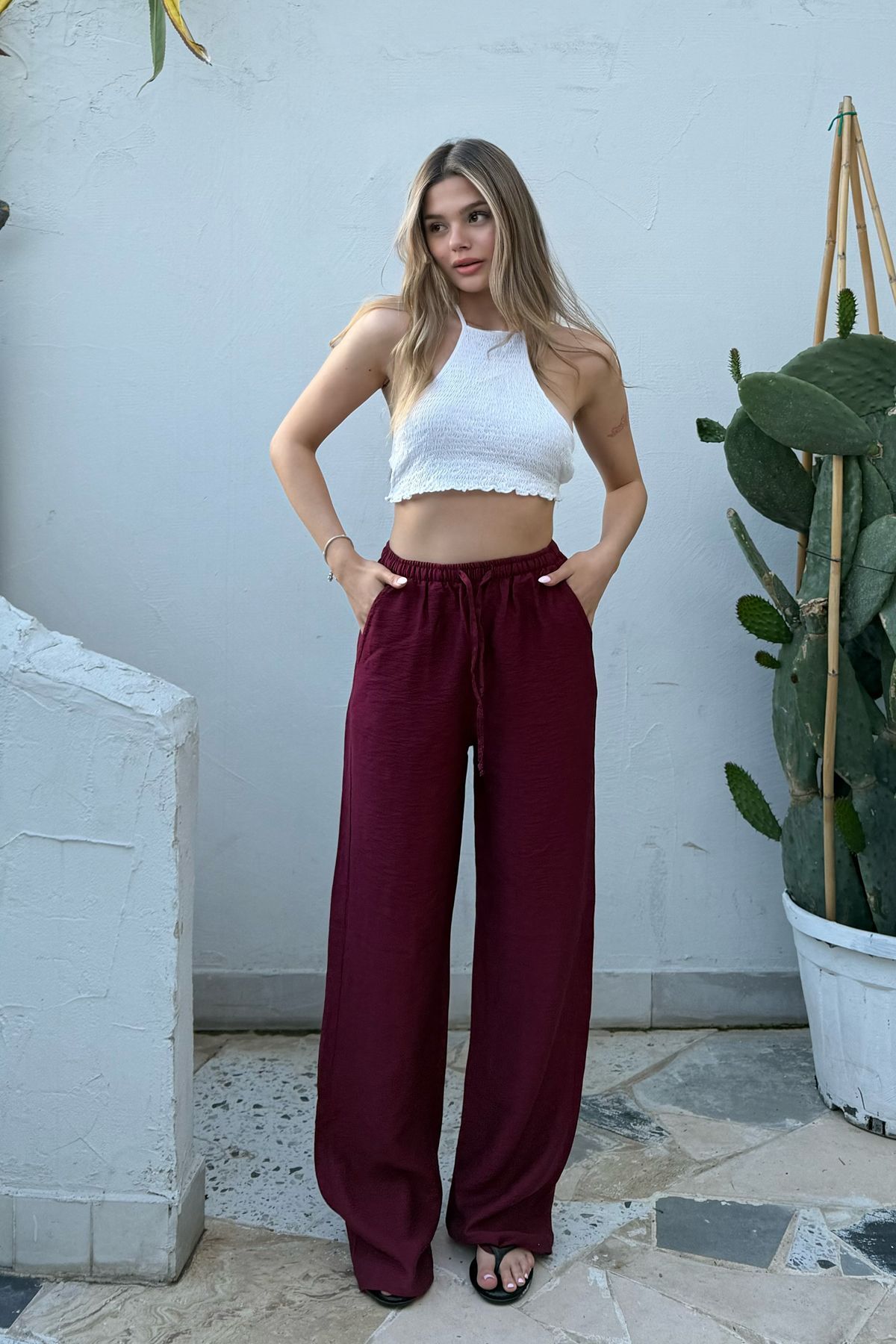 la & vetta  Bordo Keten Karışımlı Bol Kesim Pantolon - Görsel 6