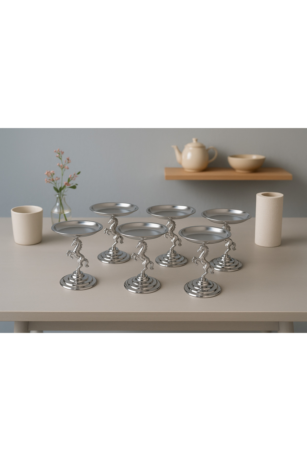 Fiyakalı Ürünler Atölyesi 6'lı Gümüş Atlı Lokumluk, Çay ve Kahve Yanı Sunumluk, Metal Şekerlik, Makaronluk