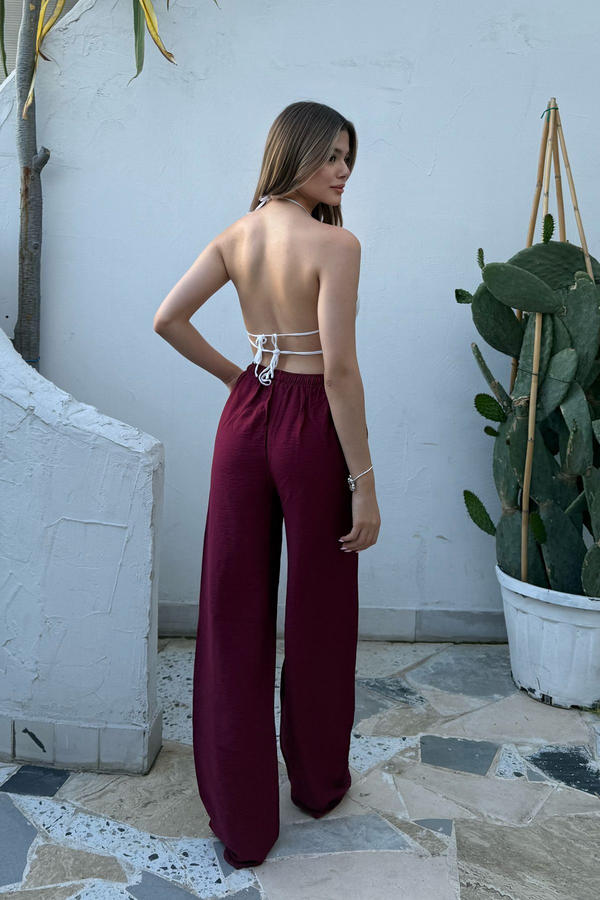 la & vetta  Bordo Keten Karışımlı Bol Kesim Pantolon - Görsel 8