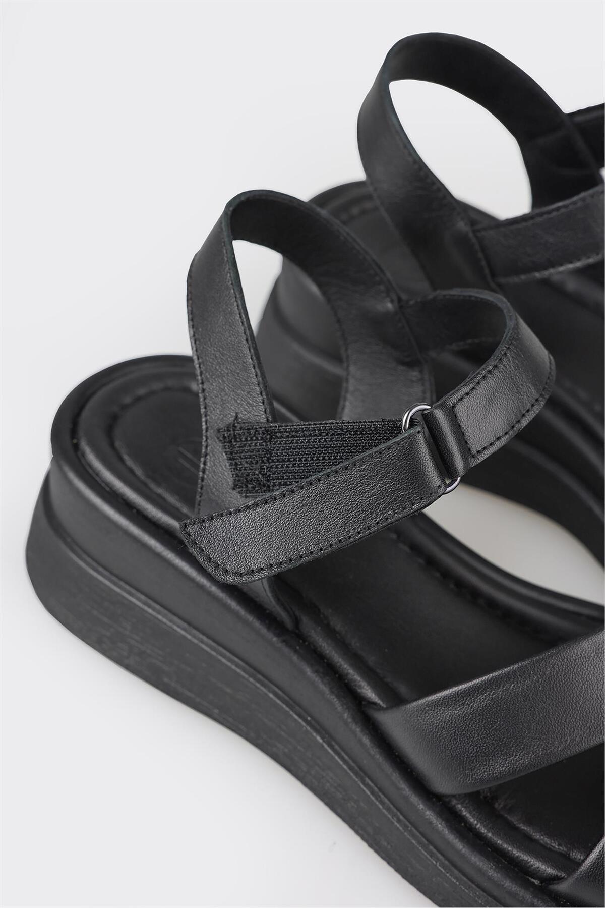 Elle  Siyah Deri Kadın Dolgu Topuk Sandalet - Görsel 5