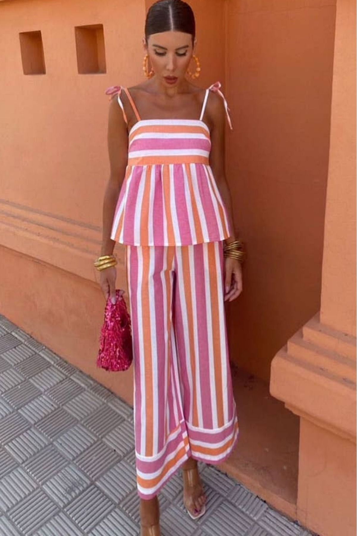 FASHION COCKTAIL Lolipop Pastel Çizgili Beli Bol Salaş Askılı Rengarenk Yazlık Tatil Pantolon Bluz Takım