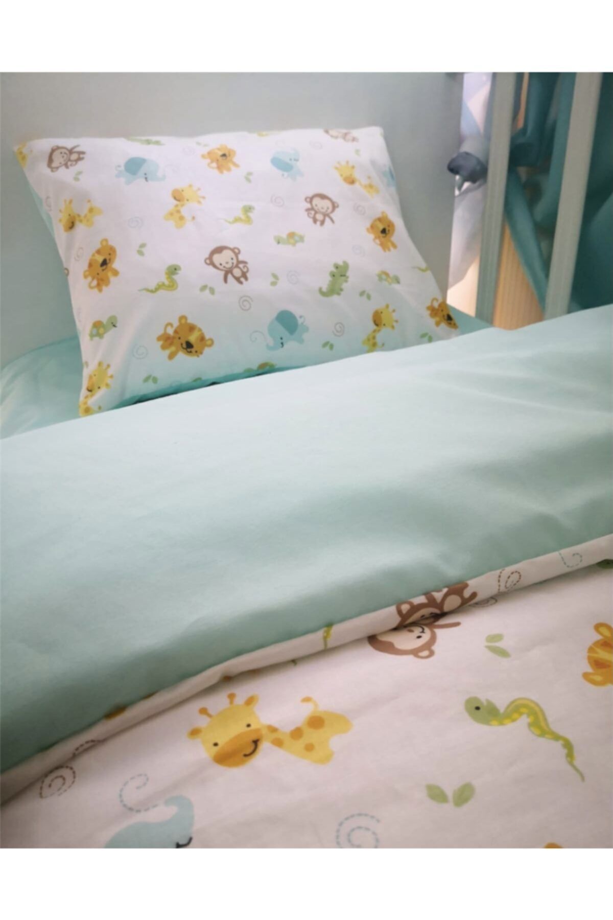 Bebek Özel Pamuklu Çocuk 90x190 Montessori Için Yastık Çarşaf Yorgan Uyku Seti Sevimli Hayvan Mint Yeşili fotoğrafı 3 (önizleme)
