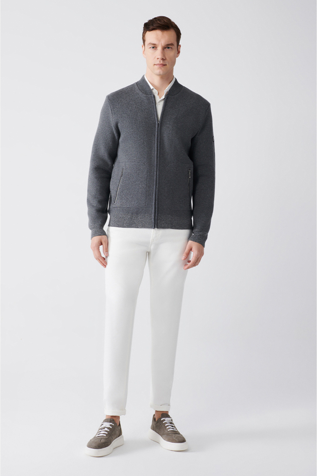 Avva-Men's Anthracite Bomber Collar Zippered Cardigan A31Y6060 5