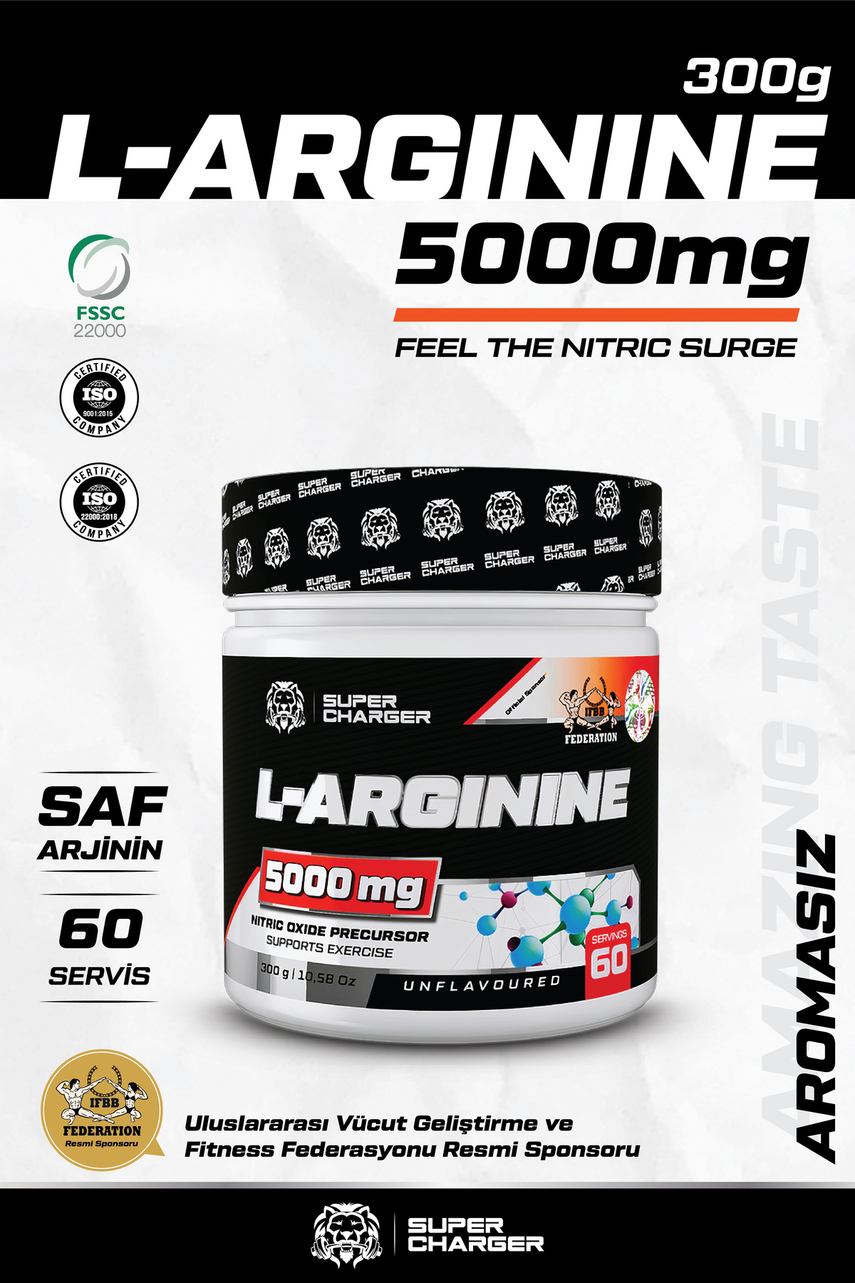 supercharger L-arginine Tozu 300g Nitrik Oksit Desteği, Kas Gücü Ve Dayanıklılık Artışı Saf Arginine Takviyesi