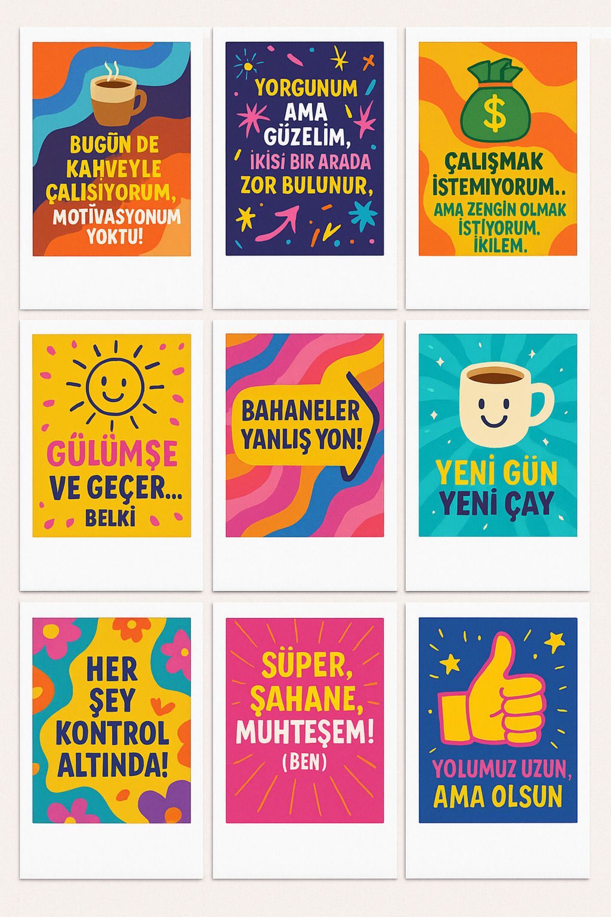 3D HOME Renkli & Esprili 9’lu Motivasyon Pola Kart Seti – 10x15 cm Dekoratif Tasarım