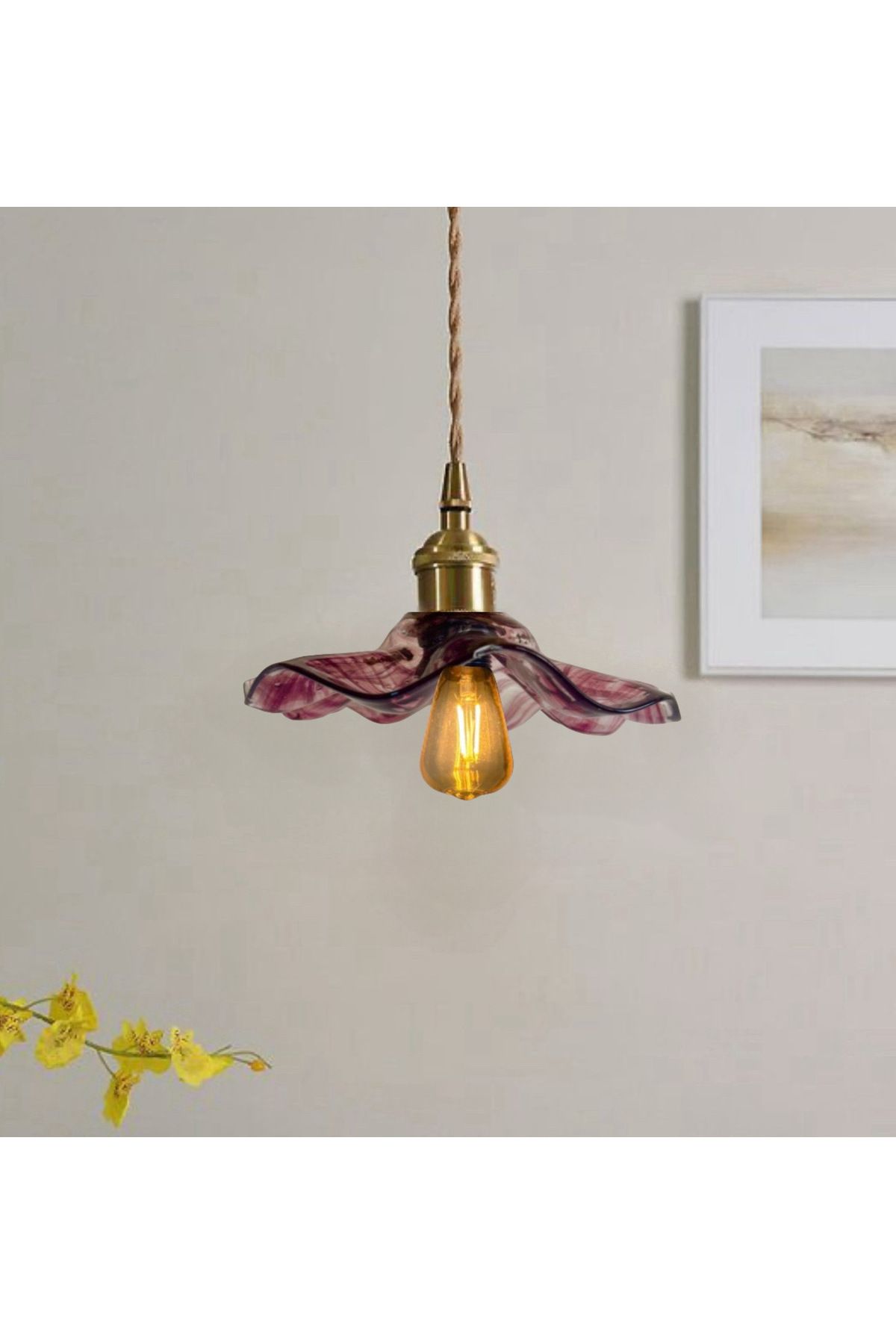 burenze Modern Tasarım Vintage Boheme Estetik El Yapımı Lila Mor Camlı Sarkıt Avize Eskitme Gold Kahve Örgü