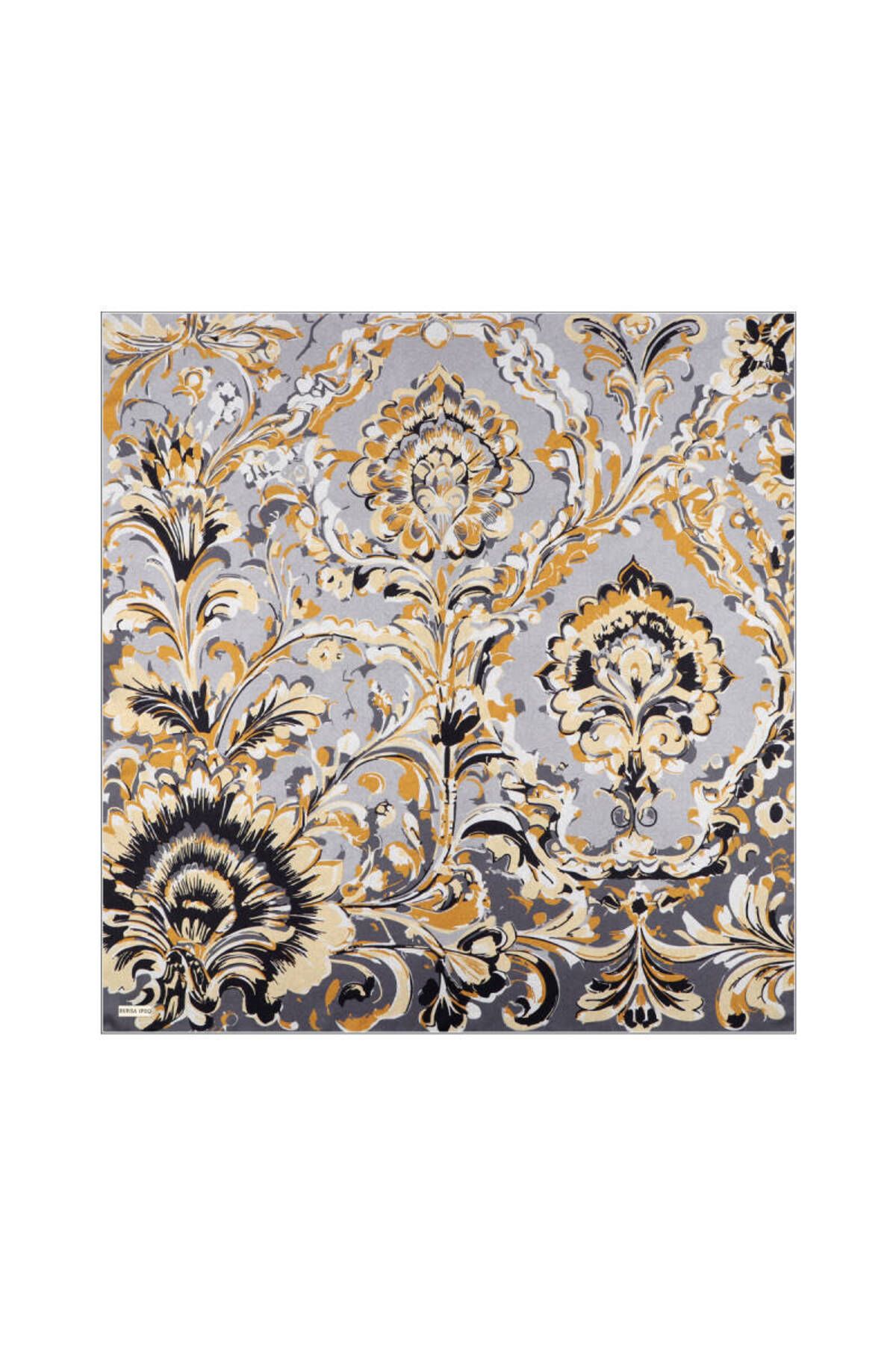 Bursa İpek Gold Flower Desen Twill İpek Eşarp