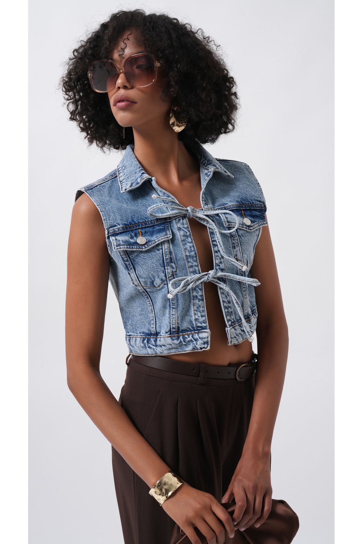 Black Fashion Bağlama Detay Denim Mavi Yelek