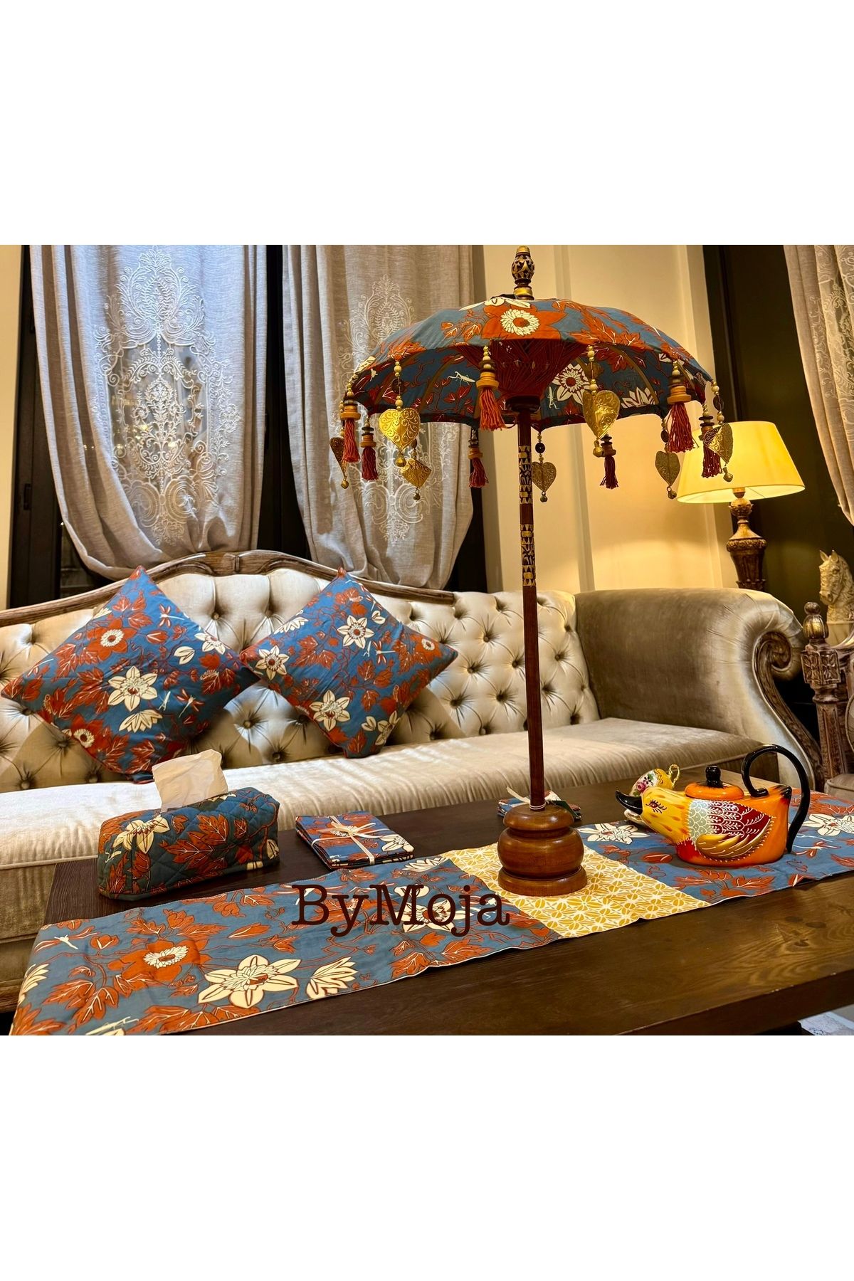Home Dekoratif Bali Şemsiye Bahçe Takımı=Runner,Peçetelik,bardak altlığı,peçete(4'lü),2adet Yastık Kılıfı