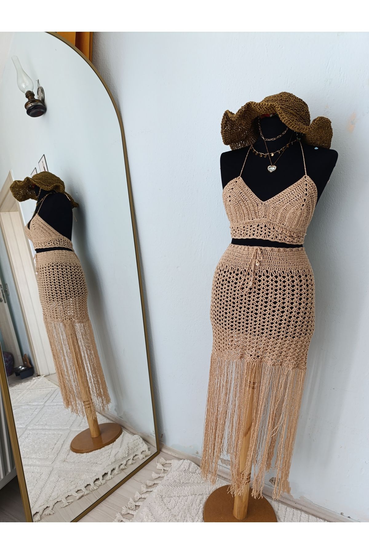 ÇATI KATI Çatı Katı Vintage El Örgüsü Özel Tasarım "Yeryüzü Ruhu Koleksiyonu- Kum Rüyası" Bikini Pareo Takım