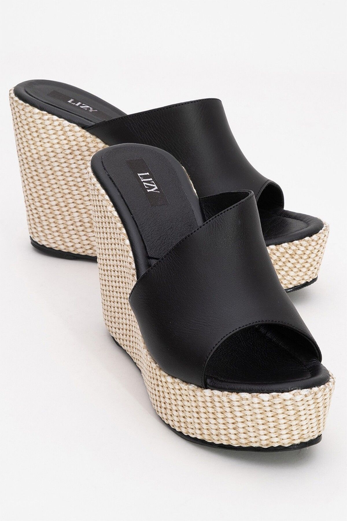 Lizy Shoes Hakiki Deri Dolgu Topuklu Hasır Kadın Terlik