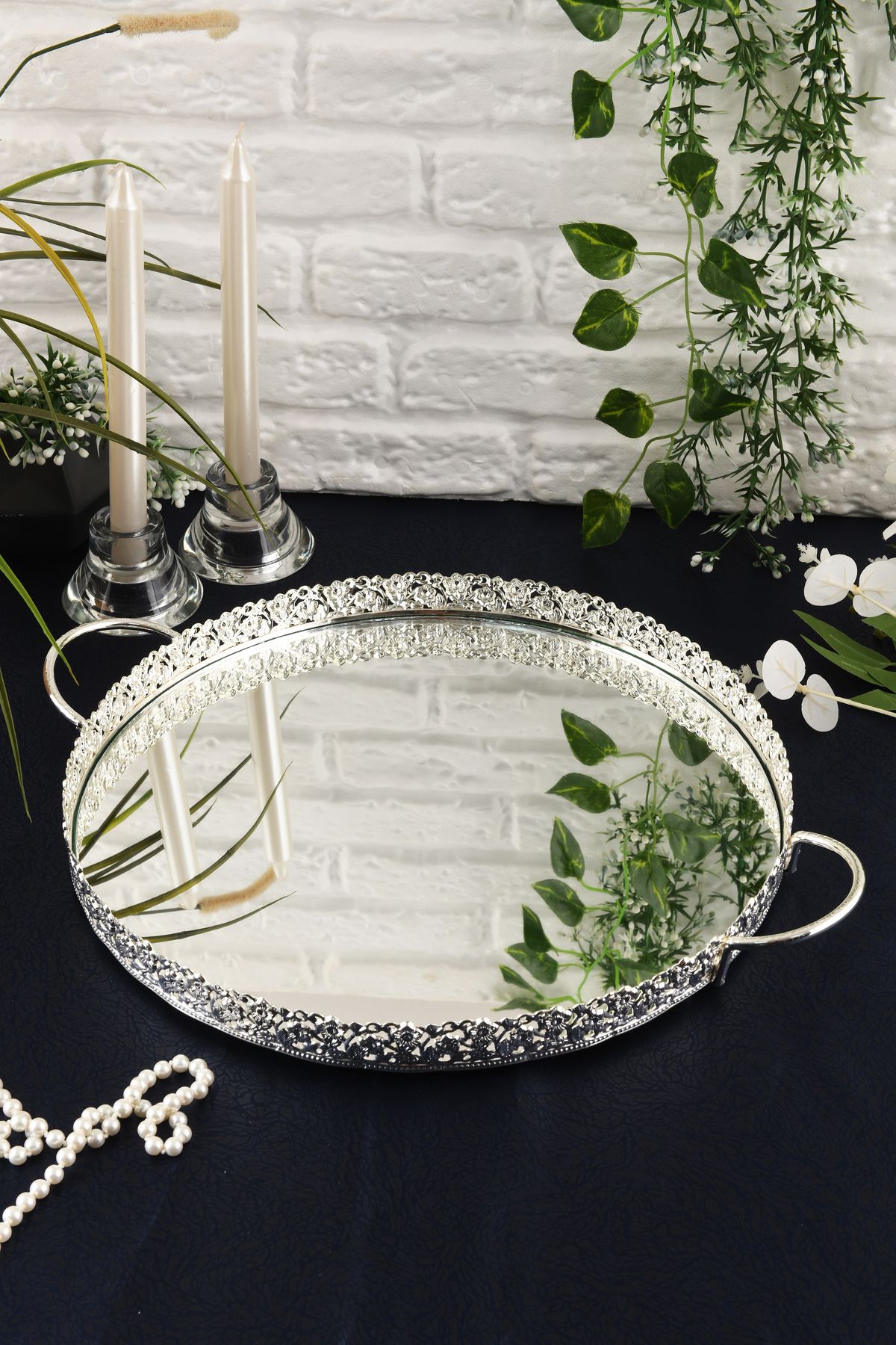 HELVACIOĞLU AKSESUAR-Coffee, Tea, Chocolate Presentation Tray with Mirror Handle 35 cm Silver 4