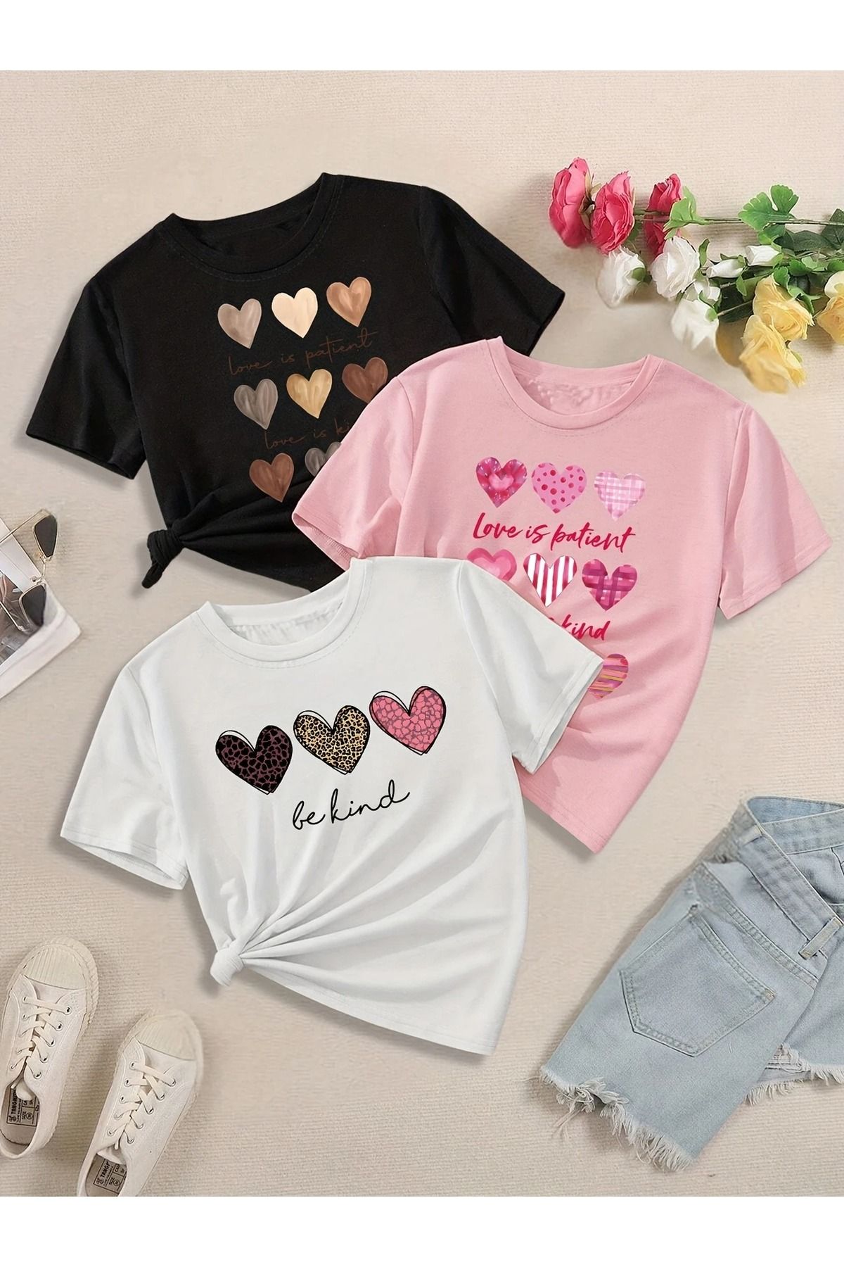 Renna Mood Kız Çocuk 3`lü Paket Be Kind Baskılı Penye T-shirt