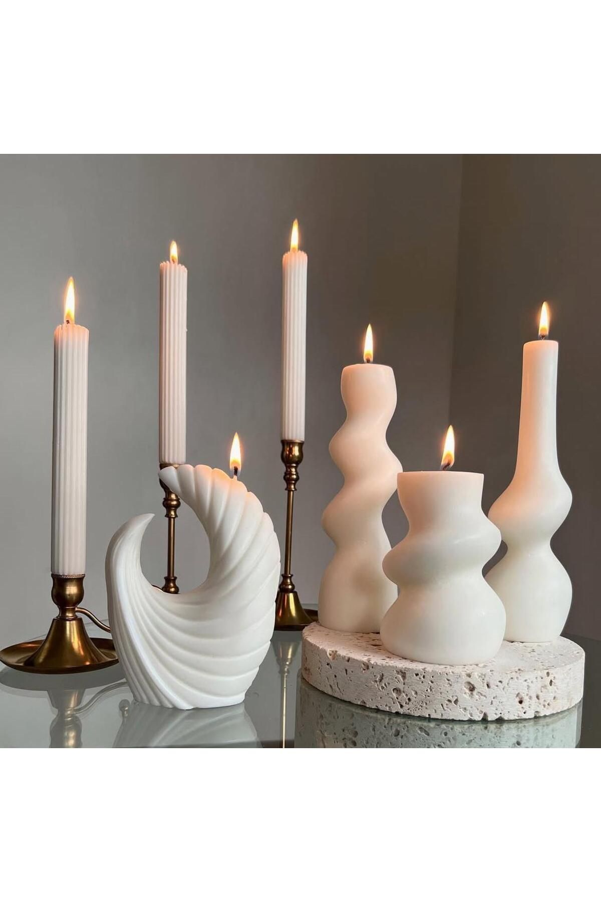SCA CANDLE Dekoratif Mum Ay model+Çizgili Şamdan mum +Eğlimli Set toplam 7 Parça