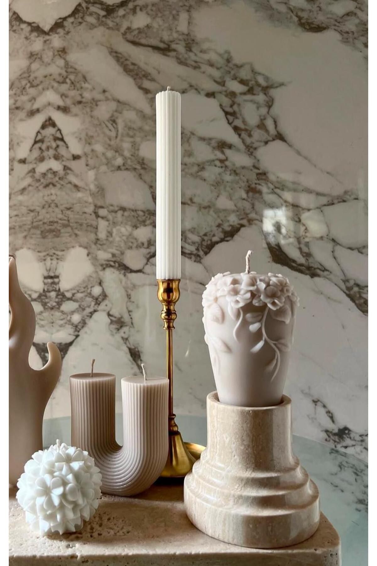 SCA CANDLE Dekoratif Mum U model +Gül +Çizgili Şamdan mum +Gül toplam 4 parça