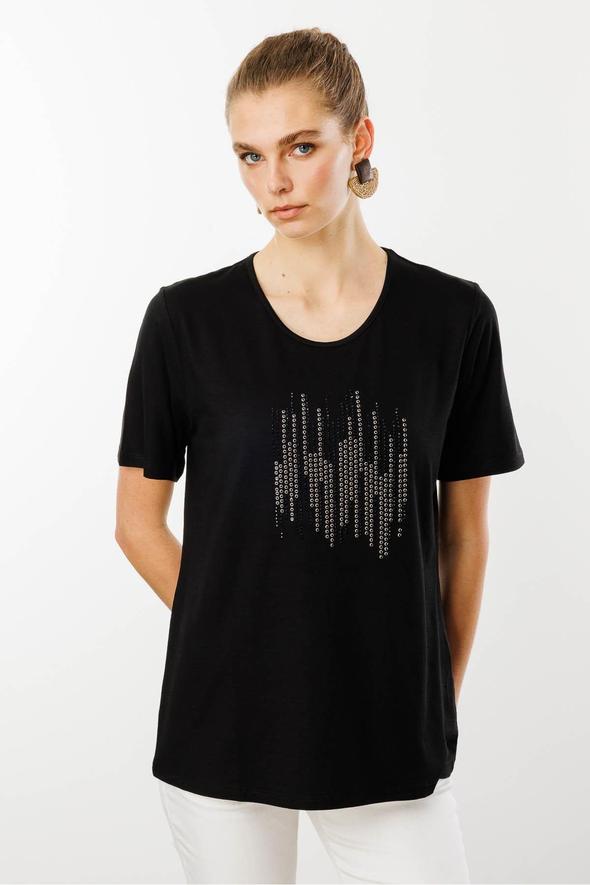 Desen Kadın Sıfır Yaka Taş Baskılı Penye T-Shirt