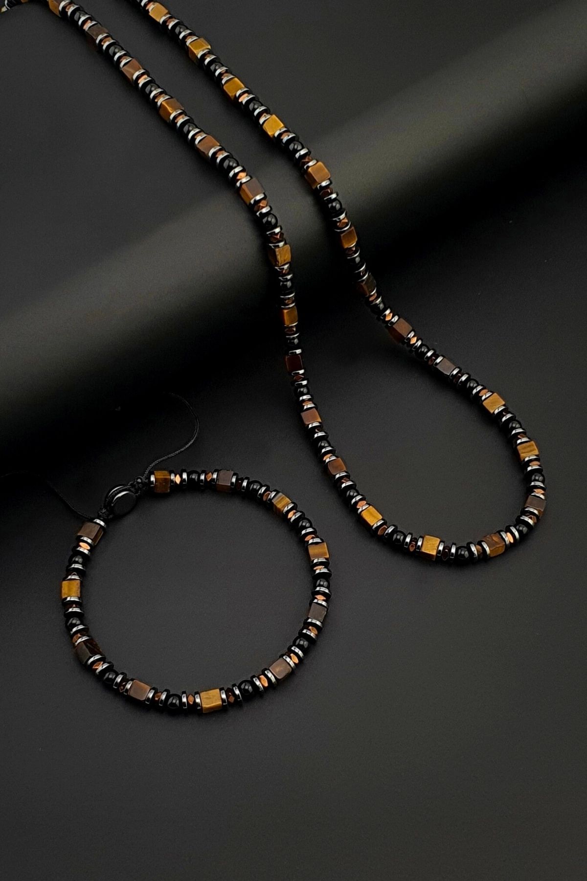 Seven Art Jewelry Doğal Taş Kolye, Küp Kaplan Gözü, Akik Taşı ve Hematit Taşı Kolye & Bileklik Set