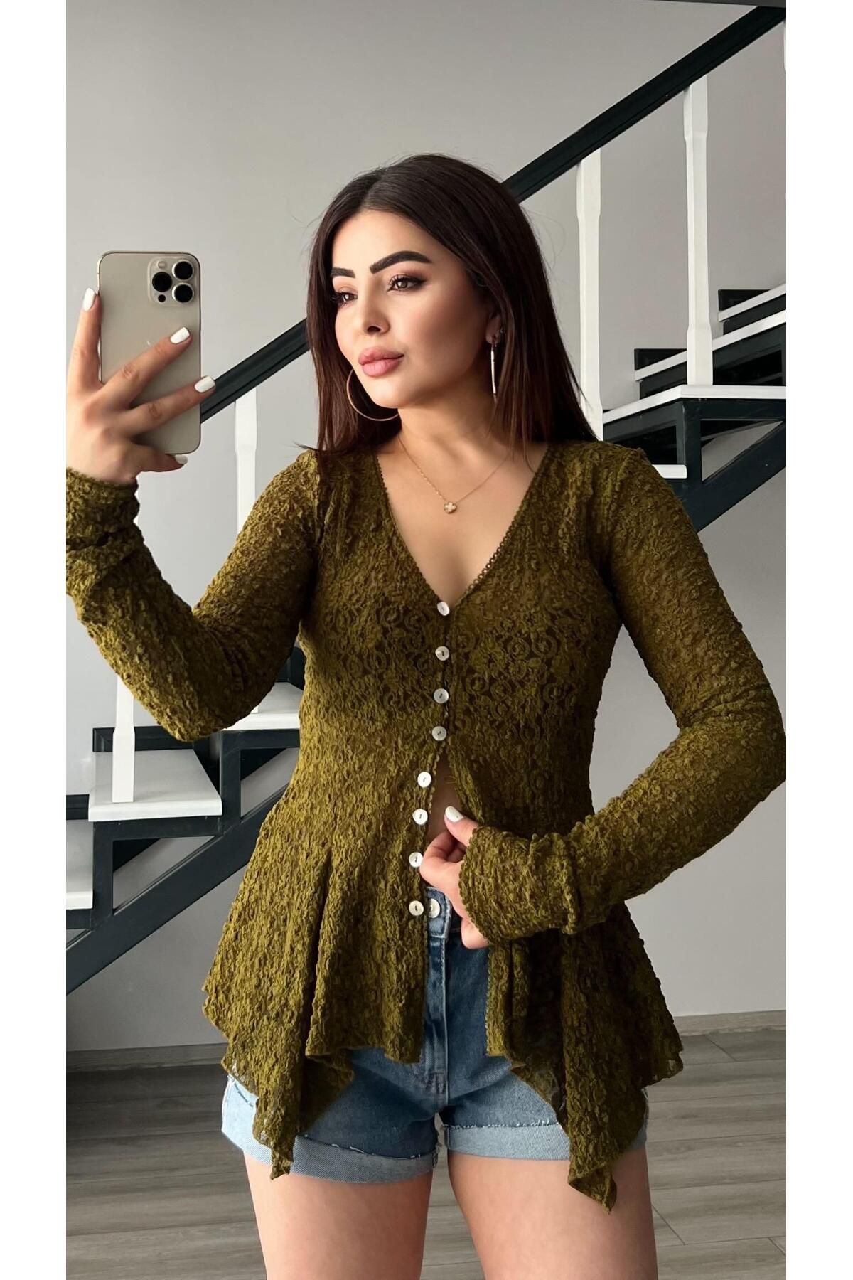 Oslove Olive Peplum Dantel Bluz