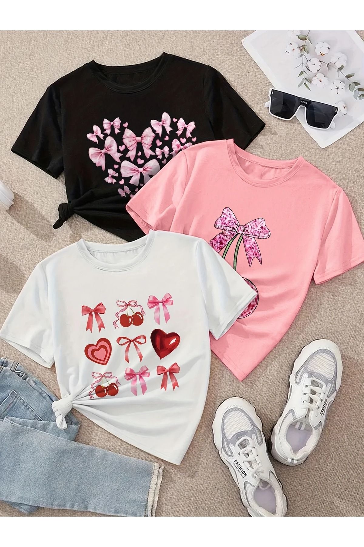Renna Mood Kız Çocuk 3`lü Paket Kalpli Kurdeleli Kiraz Baskılı Penye T-shirt
