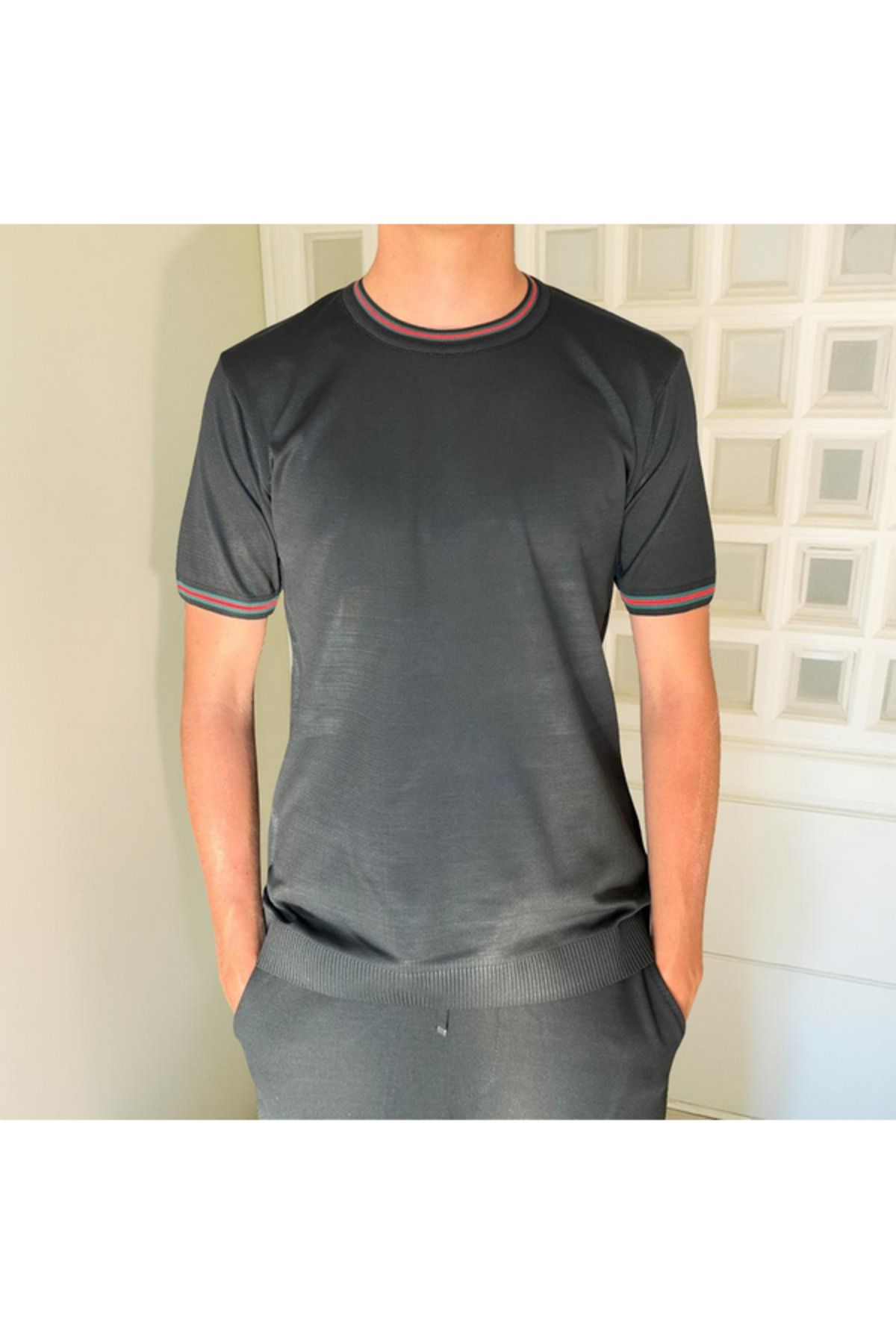 MODA Erkek Slim Fit İnce Triko Bisiklet Yaka Kısa Kol Tişört-Yaka ve Kol manşetleri Renkli