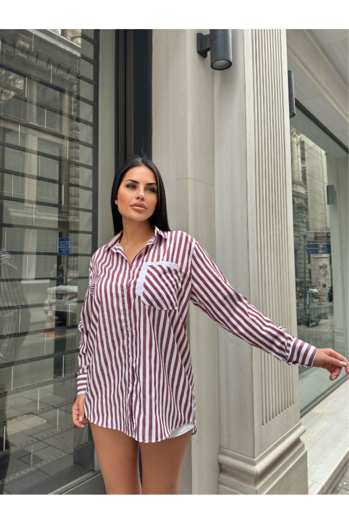 ARONLİ Kadın Çizgili Oversize Kadın Gömlek - Siyah, Mavi, Bordo, Bej Renk Seçenekleri