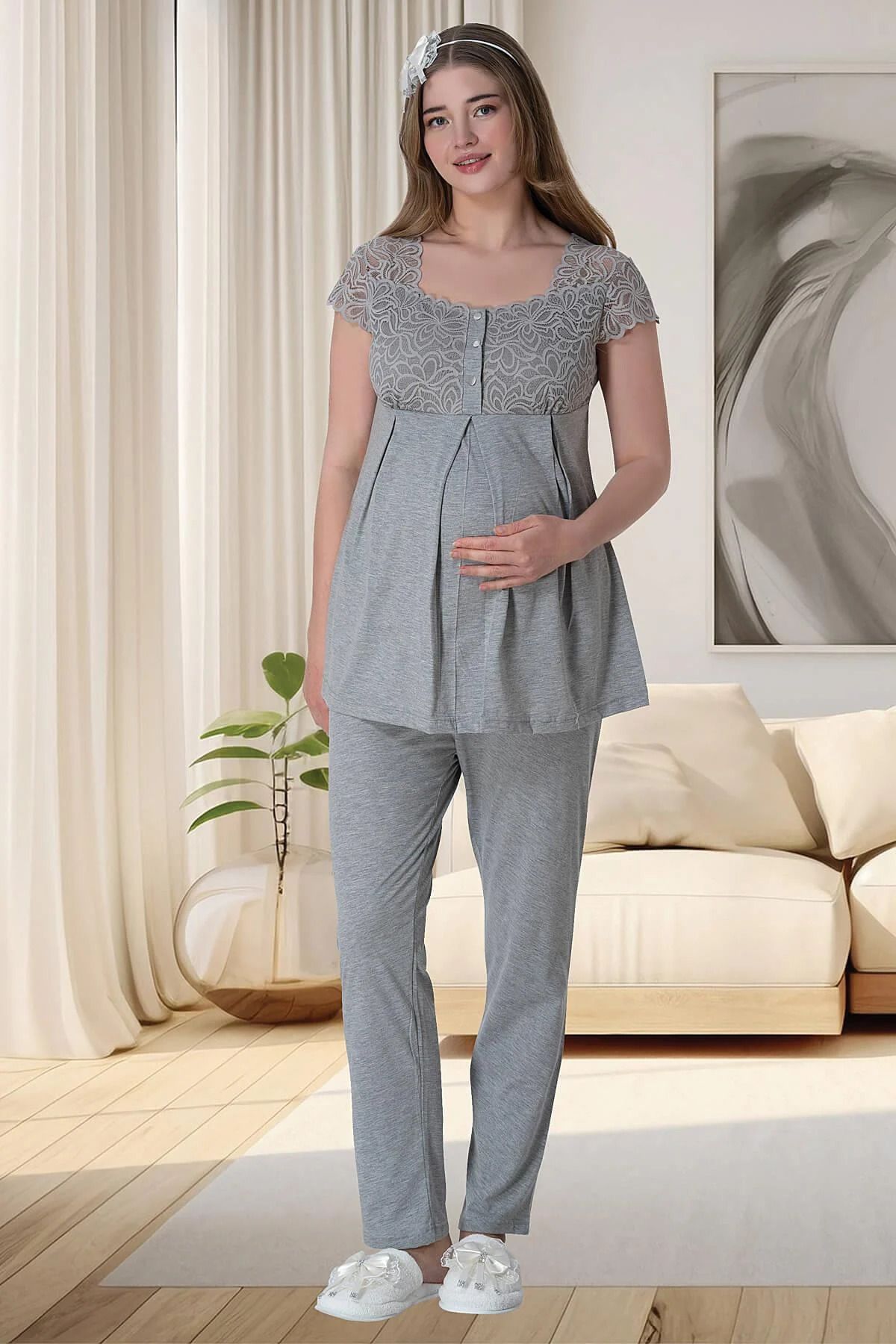 Lohussa Kadın Gri Likralı Ozel Tasarım Dantelli Hamile Lohusa Pijama Takımı
