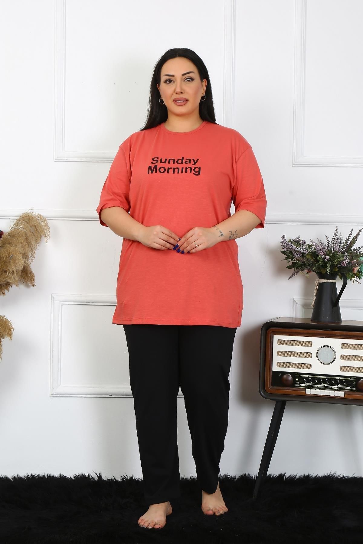 PuShe Moda Çizgi Kadın Büyük Beden Mercan Pijama Takımı 202404