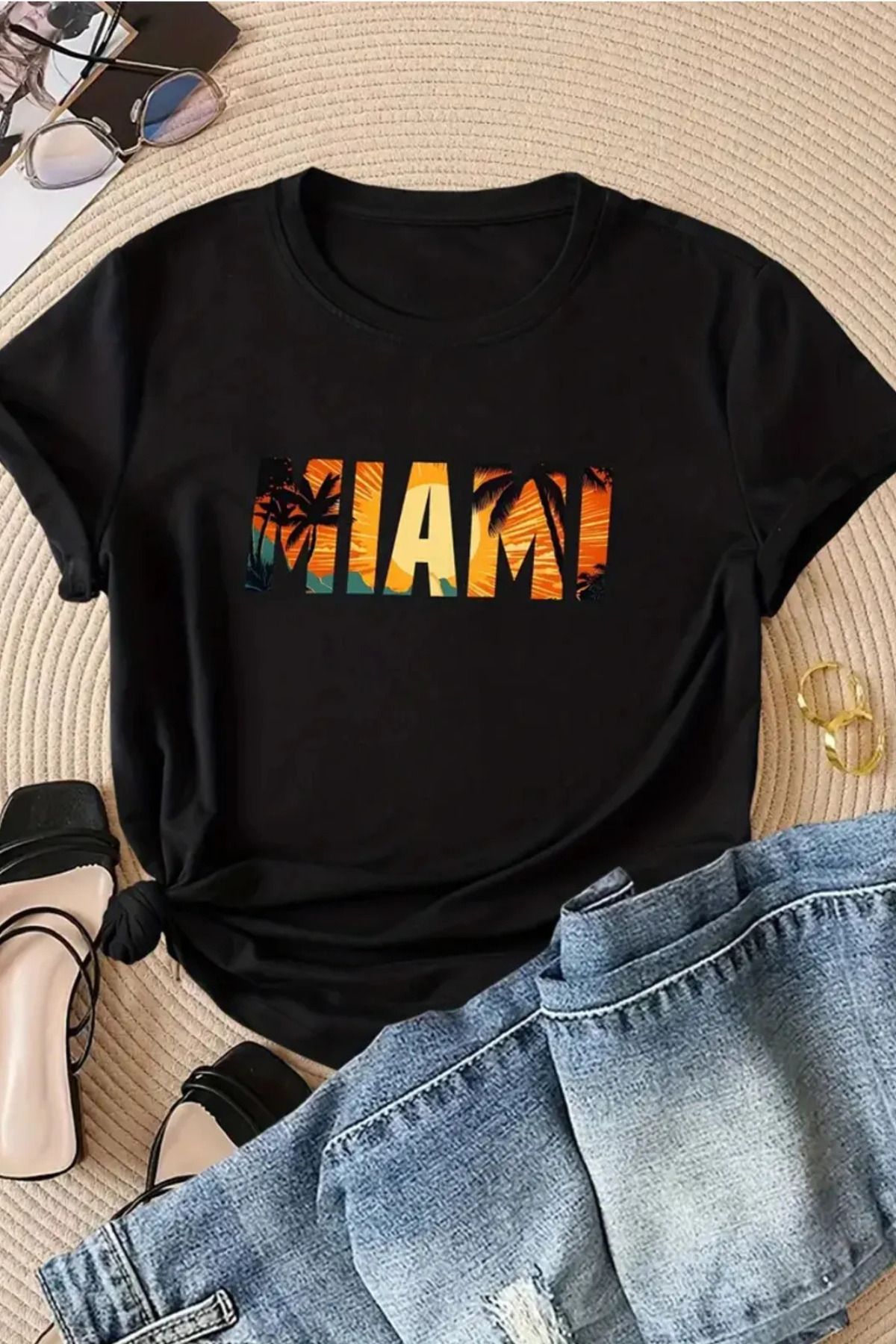 Wish BF Unisex Miami Beach Baskılı Bisiklet Yaka Oversize T-shirt