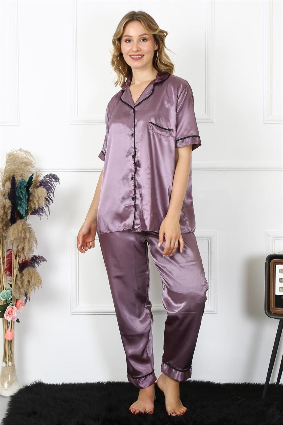 PuShe Moda Çizgi Kadın Büyük Beden Mor Saten Pijama Takımı 10303