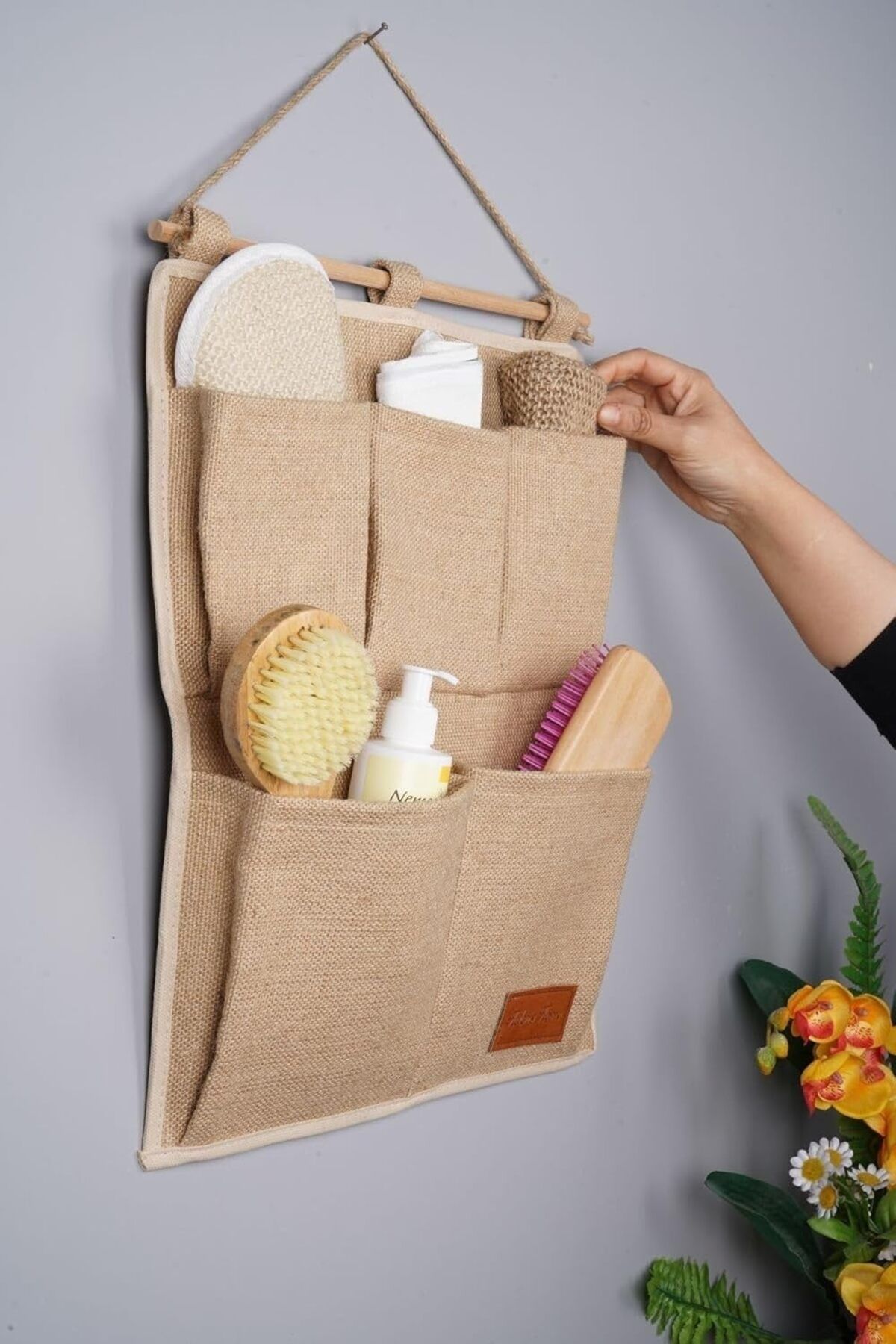 MEGOBİNE WHERE Home 2 Katlı 5 Cepli Duvar Tipi Jüt Düzenleyici Banyo Mutfak Düzenleyici 35 X 45 Cm ZTML S