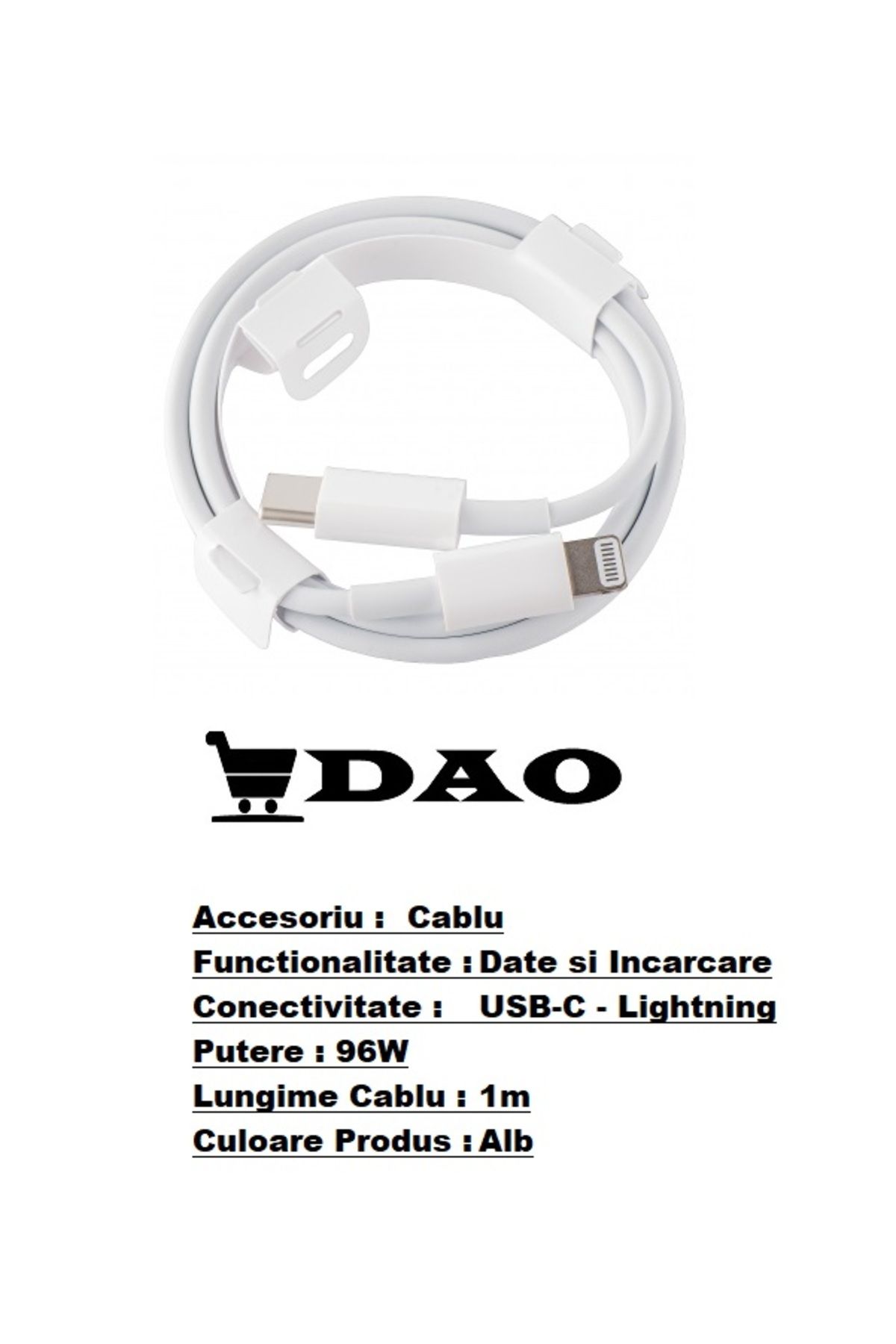 DAO-Cablu DATE/INCARCARE compatibil Apple 4GN33Z/A - USB C Lightning , 96W, 4.7A, 1m - alb 2