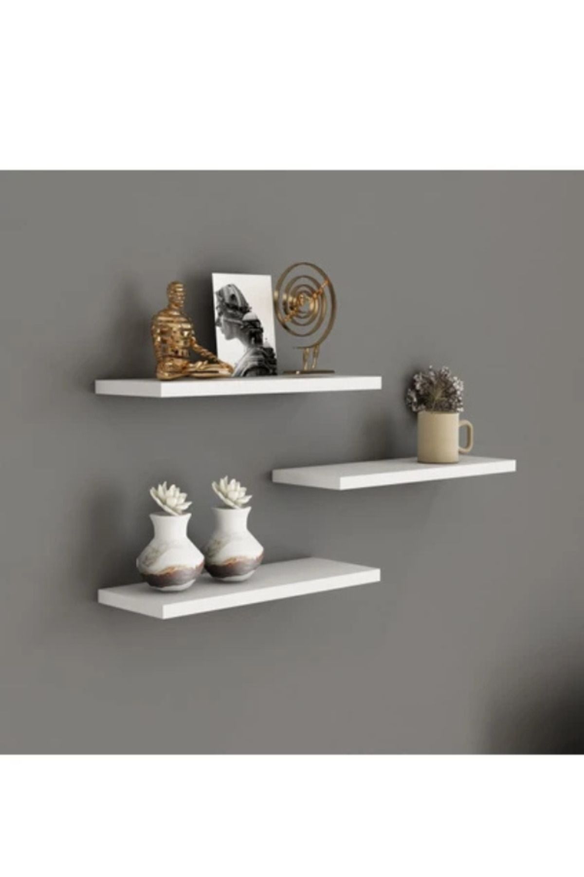 PAZARACTİVE 3'lü Duvara Monte Dekoratif Uçan Raf Seti - 50x15 cm Beyaz Duvar Rafı