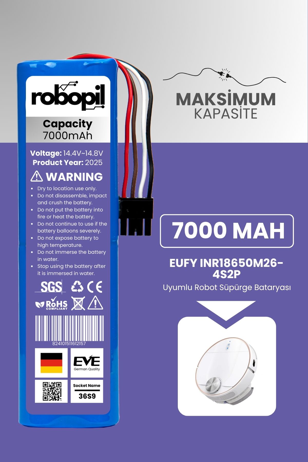 ROBOPİL Anker Eufy Inr18650m26-4s2p Uyumlu Batarya (MAKSİMUM KAPASİTE) 7000mah Pil Robot Süpürge Bataryası