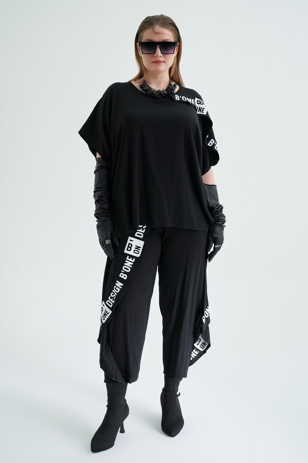 b-one fashion Büyük Beden Kraş Keten Pantolonlu Takım