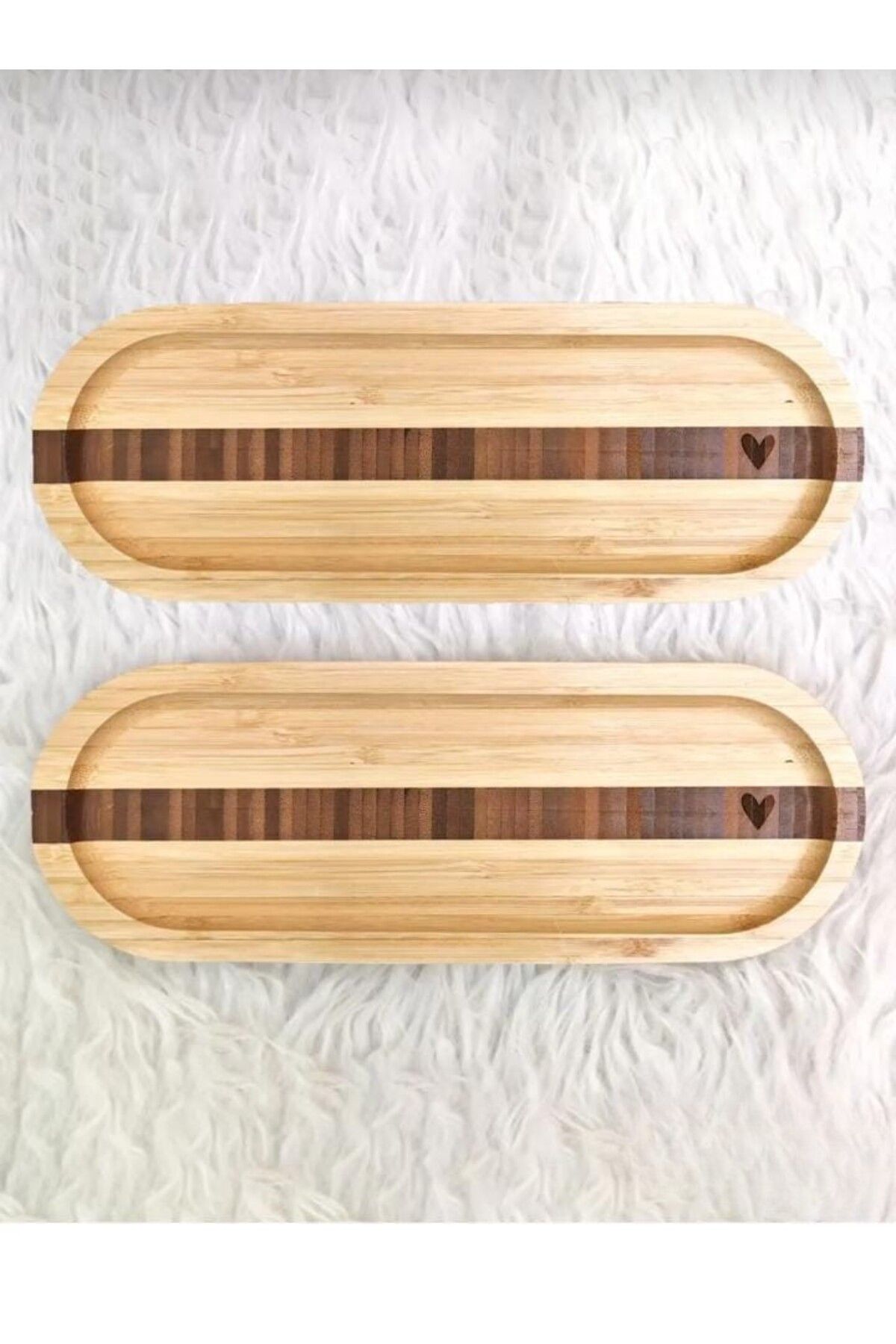 DEZİ 2 Adet Bambu Kalp Desenli Oval Servis Tabağı, Sunum Tabağı, Çerez Tabağı