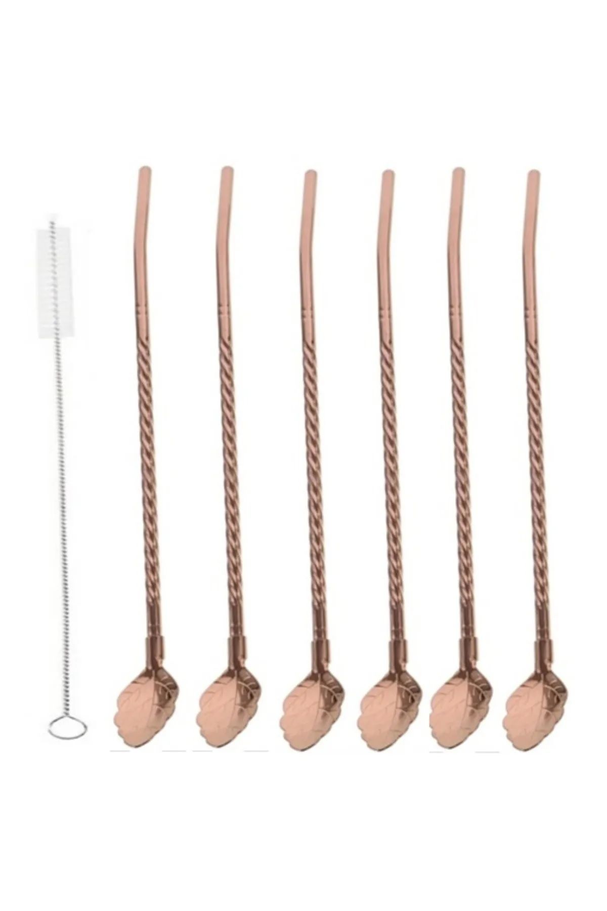 Elista Pipetli Latte Kaşığı 6 Adet Bronz Renk Kokteyl Kaşığı Ve Temizleme Fırçası, 22 Cm Yaprak Model