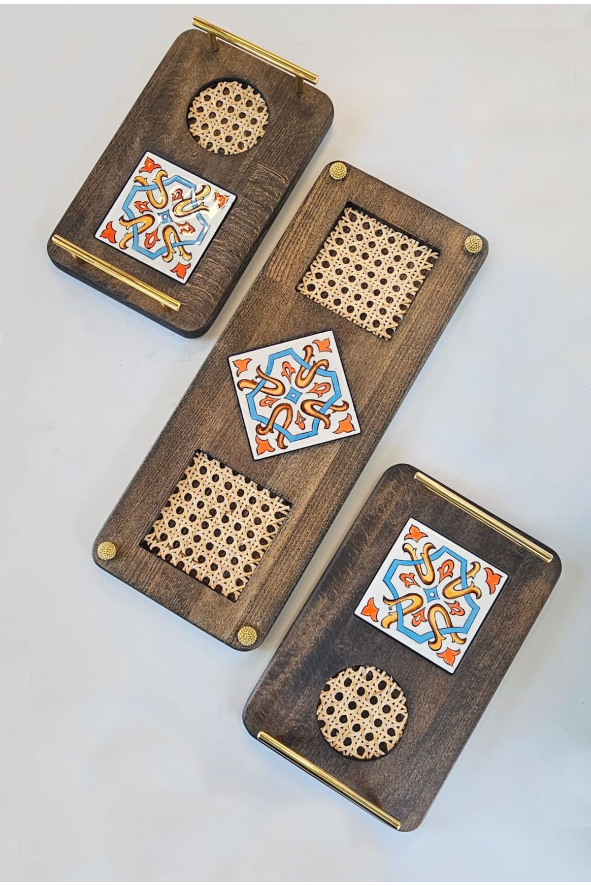 arykanda OTOOMAN DEKORATİF AHŞAP TEPSİ 3'LÜ SET- RATTAN TEPSİ - ÇİNİ TEPSİ