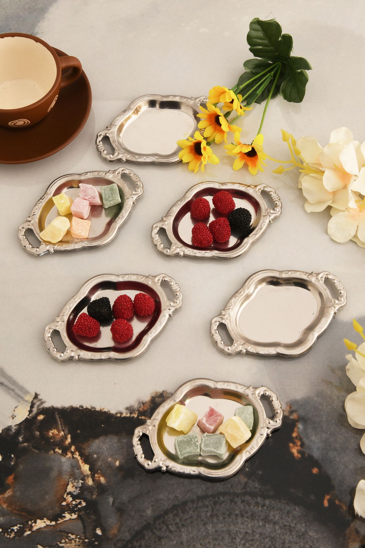 AKSESUAR EVRENİ Cenz'S Gümüş 6'lı Set Şekerlik Lokumluk Çerezlik Kahve Yanı Sunumluk Dekoratif Mini Oval Kase