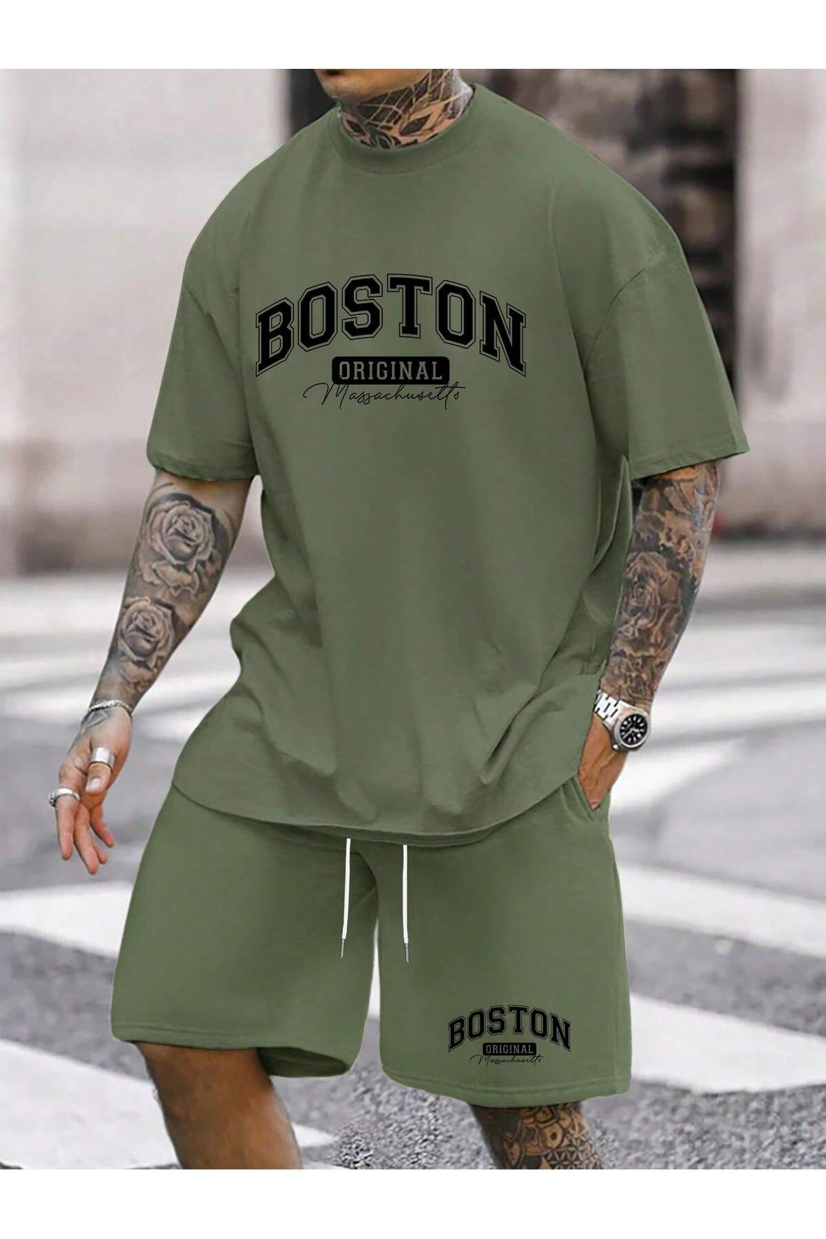 aynewmoda Erkek Büyük Beden Günlük Moda Kısa Kollu Baskılı Tatil Düz Harf Baskılı Tişört ve Şort Takımı Boston