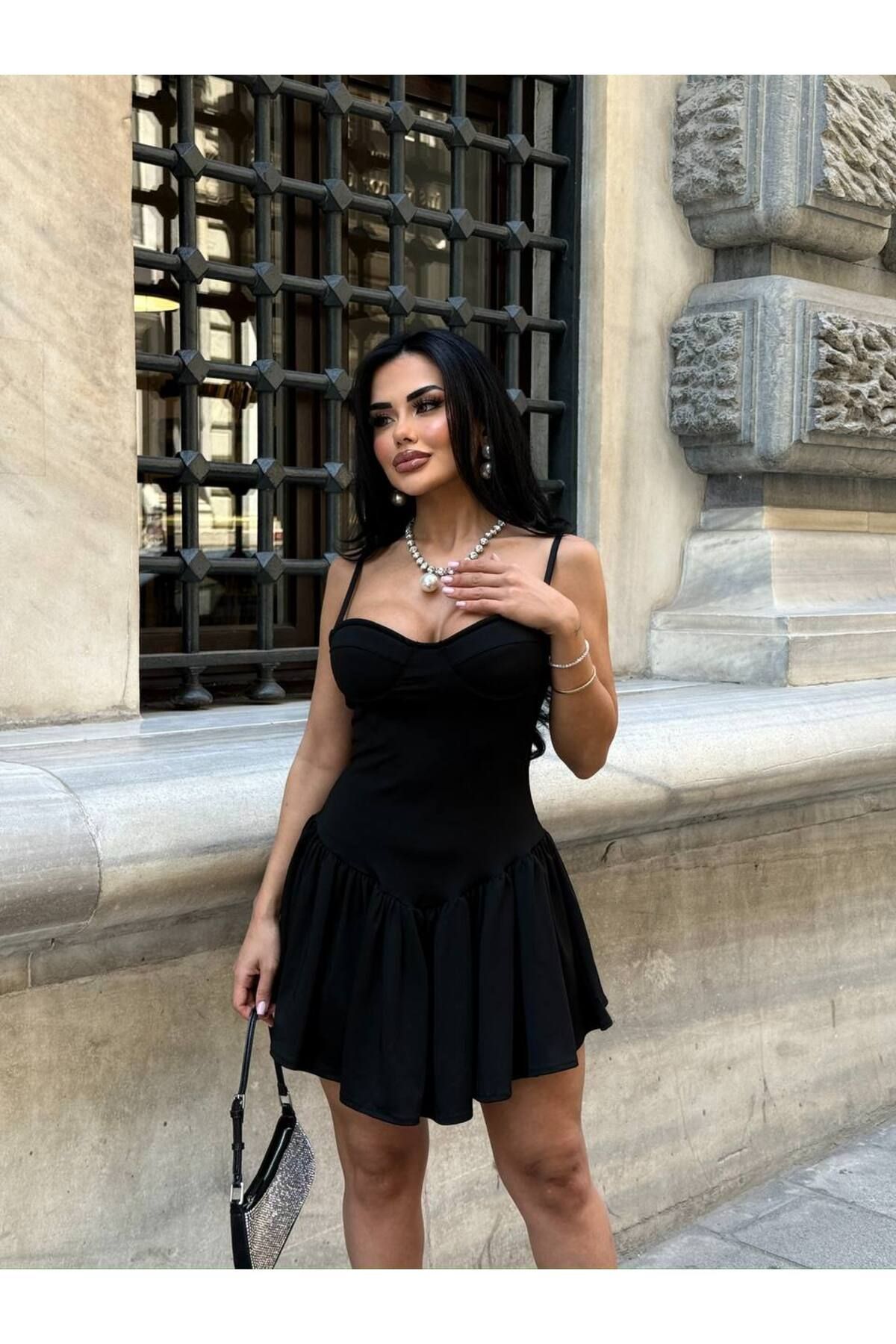 limited black Volenli Ayarlanabilir Askılı Elbise