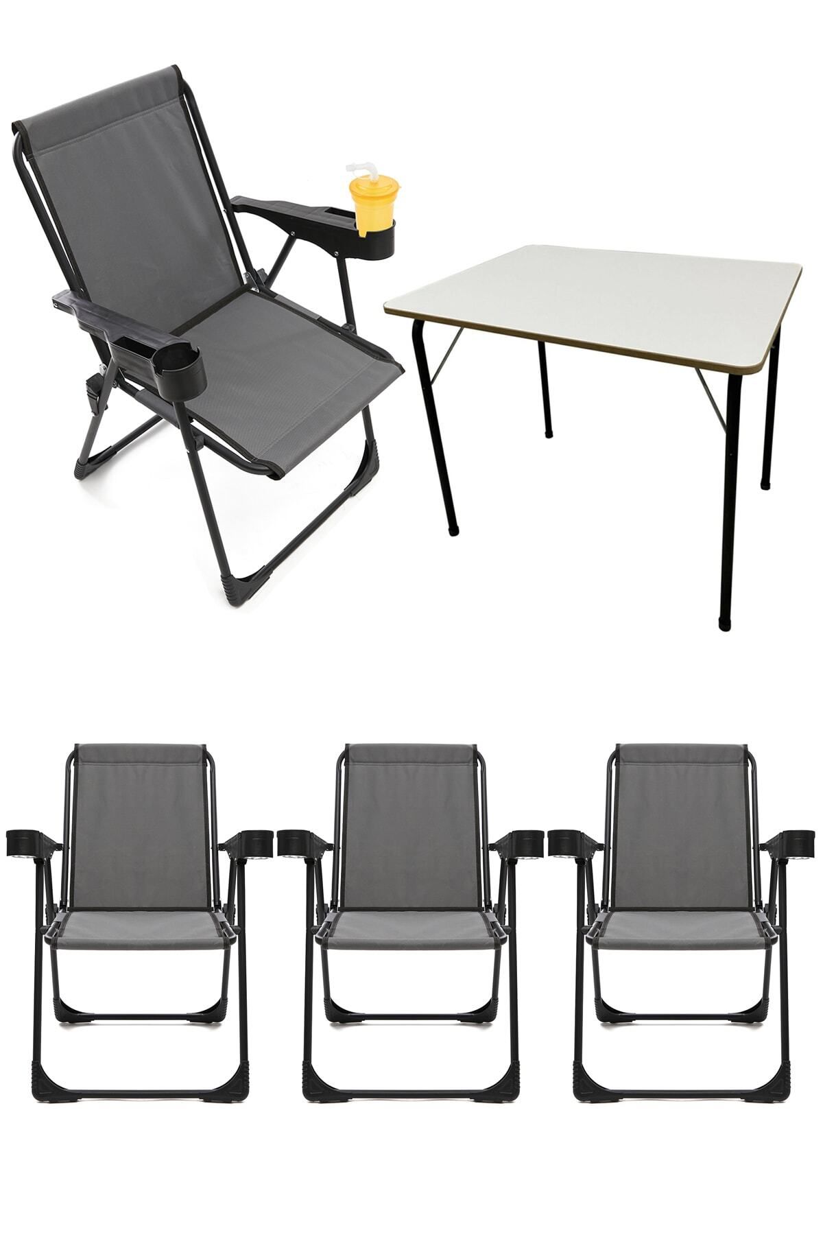 teknotrust Gri Katlanabilir Piknik Sandalyesi ve Mutfak Masası Seti, 4'lü Paket