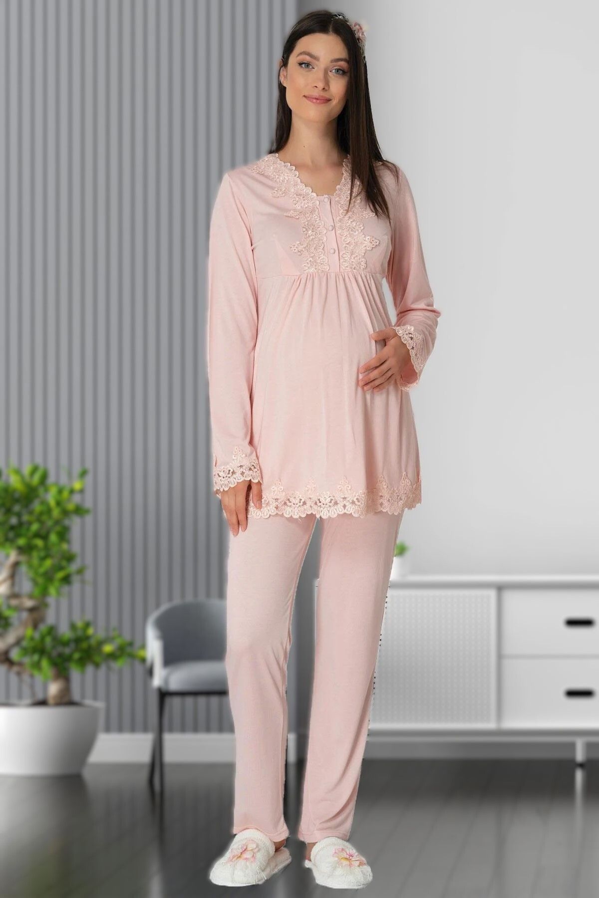 Pelin Kadın Pudra Uzun Kollu Dantel Detaylı Lohusa Hamile Pijama Takımı