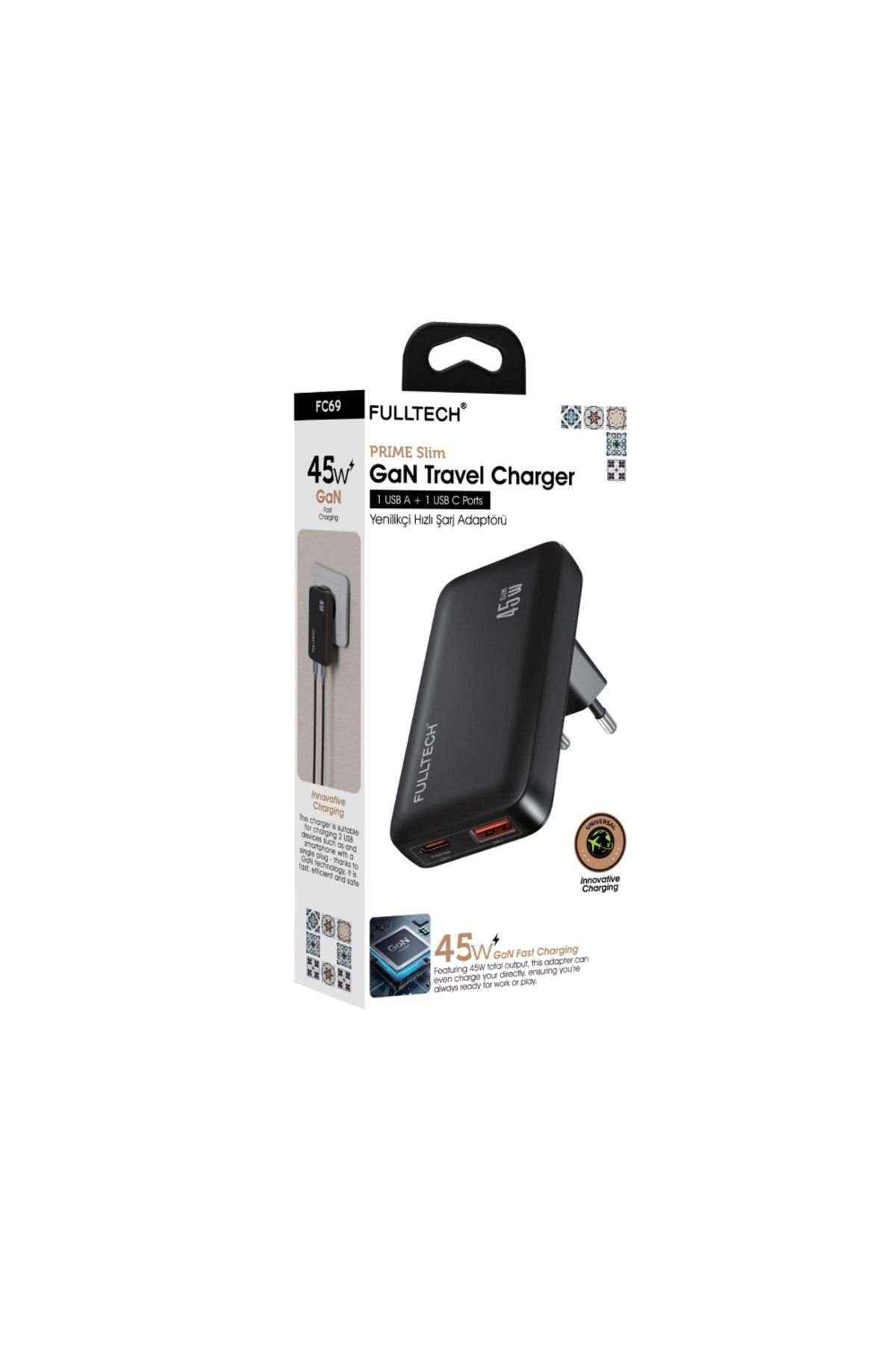 KİLİNCTECHSHOP Fulltech FC69 45W GAN İnce Tip Hızlı Şarj Adaptörü | USB Çıkış | Type-C Çıkış
