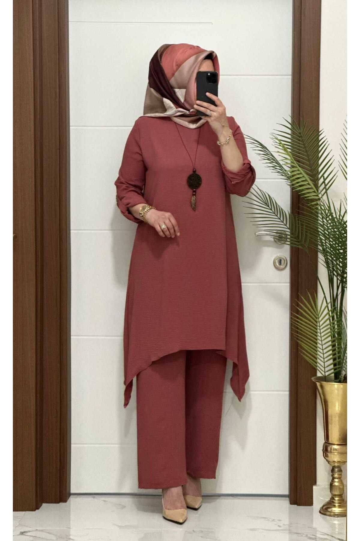 modasura 5999 K80 GÜL KURUSU kolyeli tunik pantolon aerobın Kumaş ikili takım buyuk beden yeni sezon