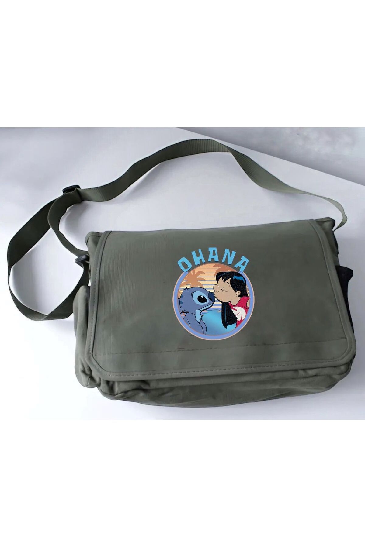 DEEFWEAR Haki Lilo & Stitch Ohana Baskılı Okul , Kurs , Dershane Postacı Çantası