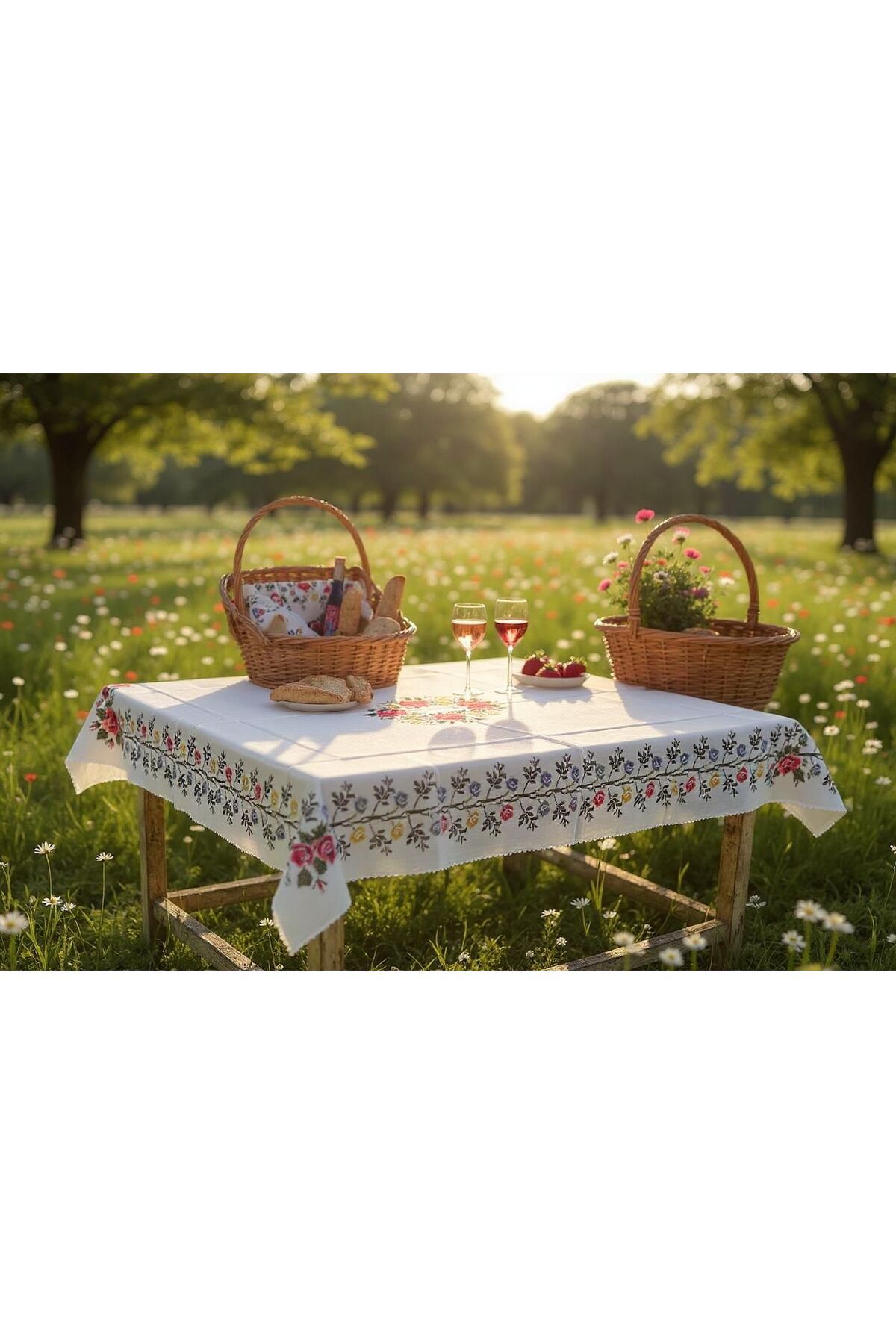 GMhome Vintage Çiçek Desenli Dertsiz Kumaş Masa Örtüsü 110 x 150 cm - Nakış Görünümlü