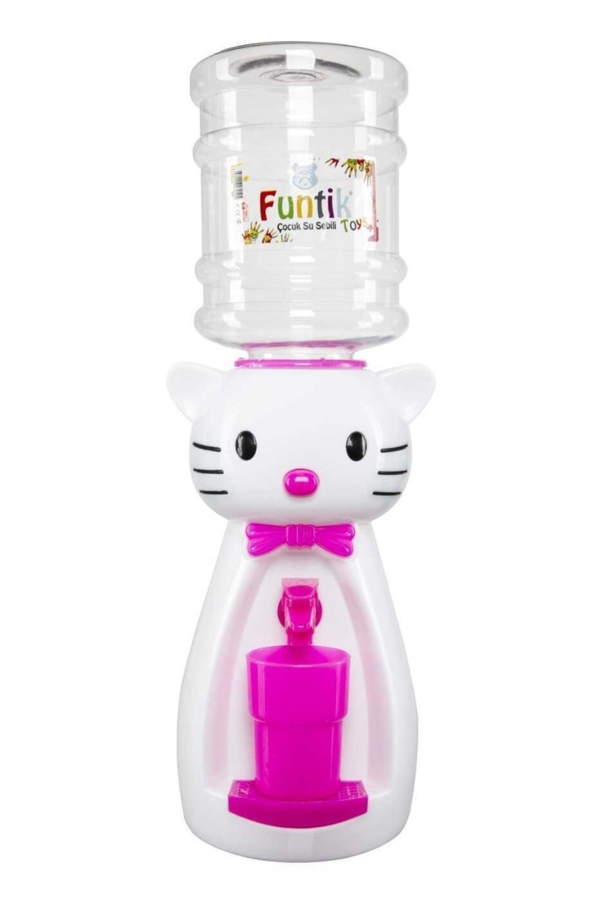 Funtik Beyaz Pembe Kedi Figürlü 1,9 Litre Büyük Boy Bardaklı Sızdırmaz Çocuklar İçin Su Sebili 50 cm
