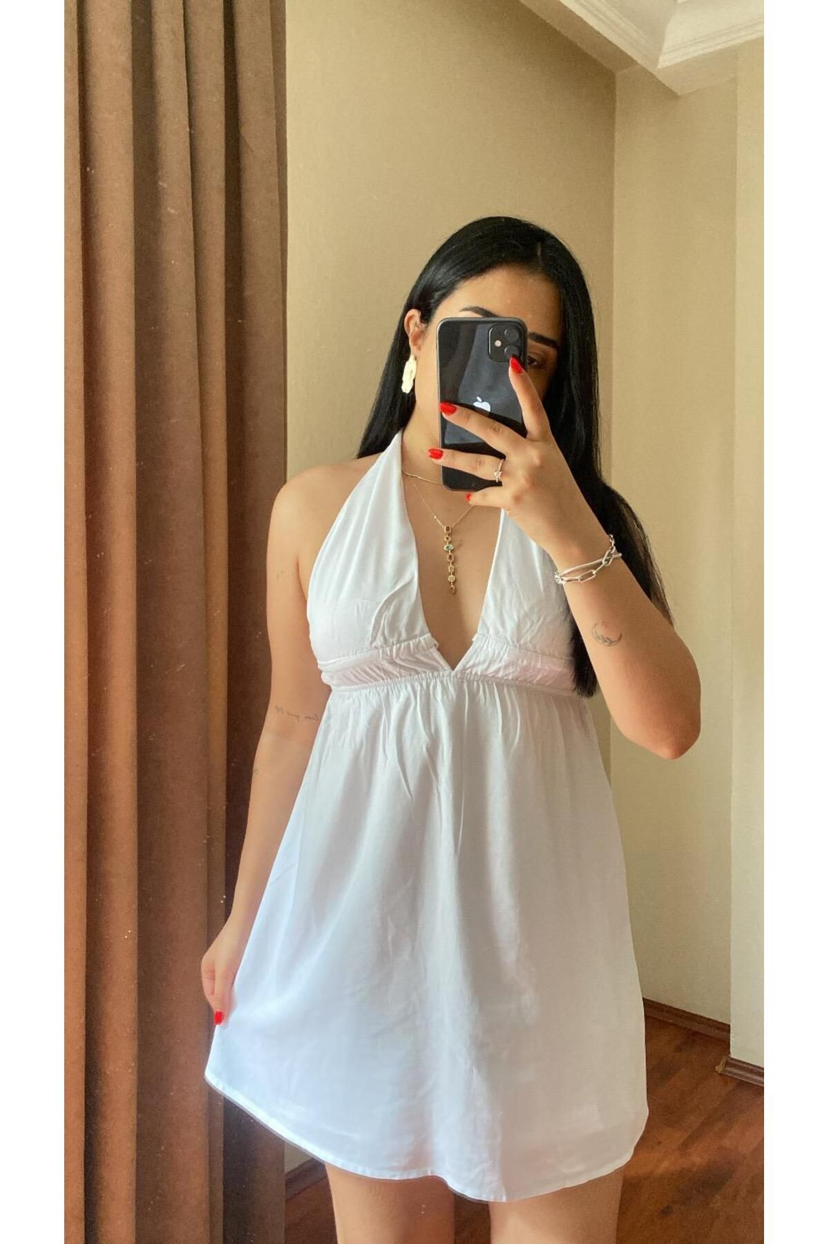 MODA Kadın Boyundan Bağlamalı Astarlı Beyaz Kısa Elbise