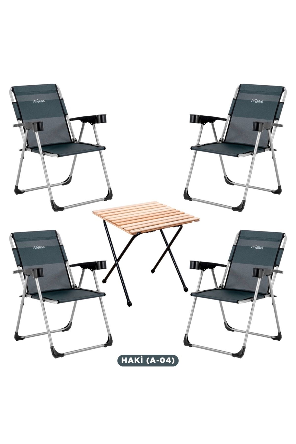 teknotrust Katlanabilir Kamp Sandalyesi ve Masa Seti, Haki, Bardaklıklı, 140 KG, 4'lü Set