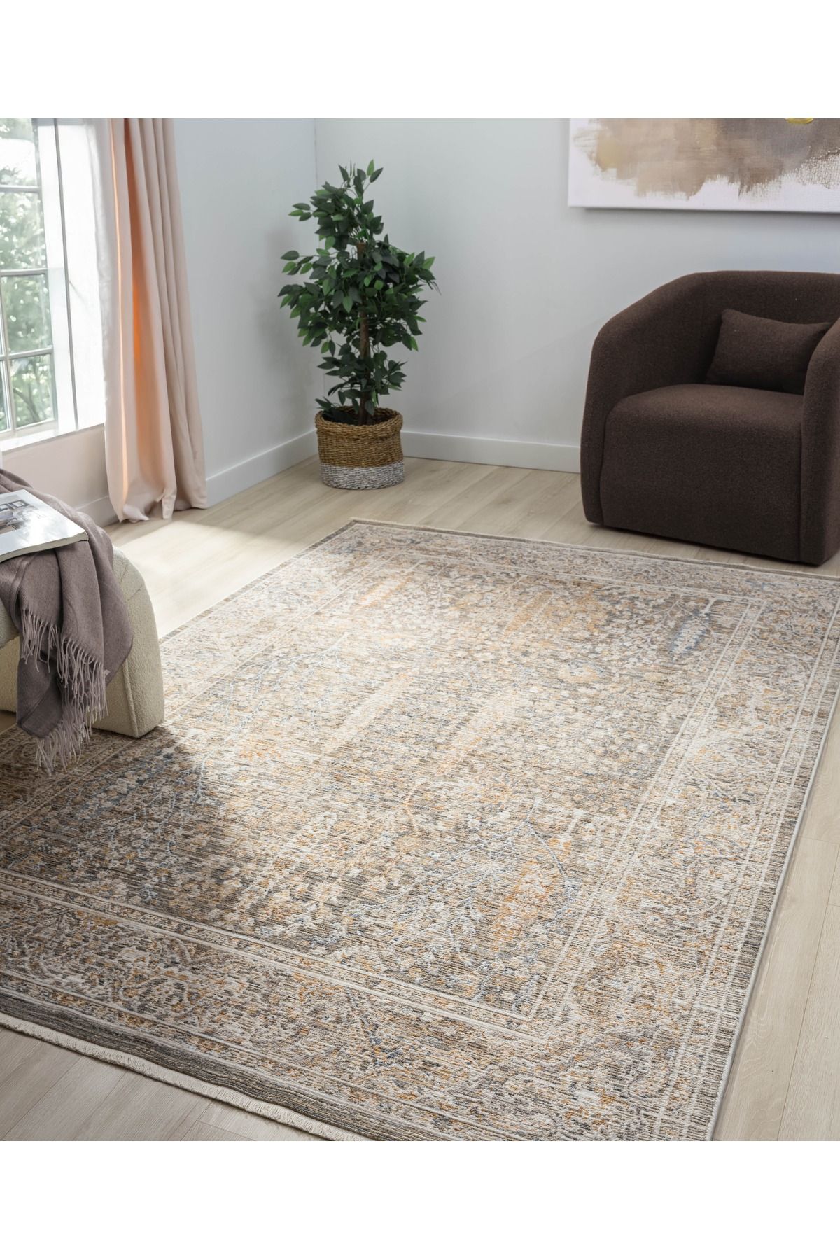 Mariesse Home Vintage Eskitme Desenli Makine Dokuma Salon Oturma Odası Halısı